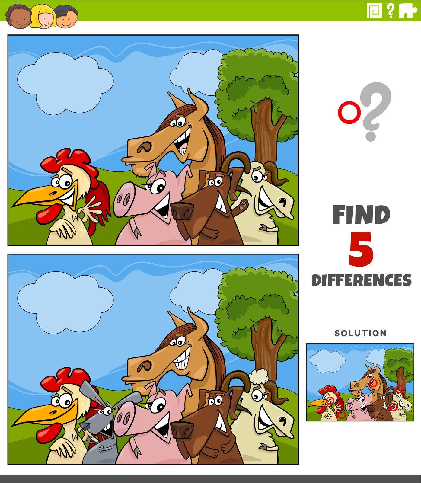 Cartoon illustration of finding the differences between pictures educational game for kids with farm animal characters