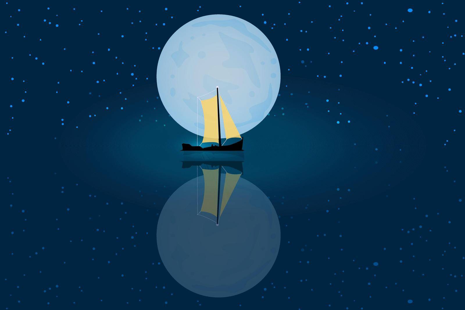 Night nature seascape. Boat in ocean in the moonlight and stars. Romantic landscape with ship. Marine sailing design. Stock vector illustration