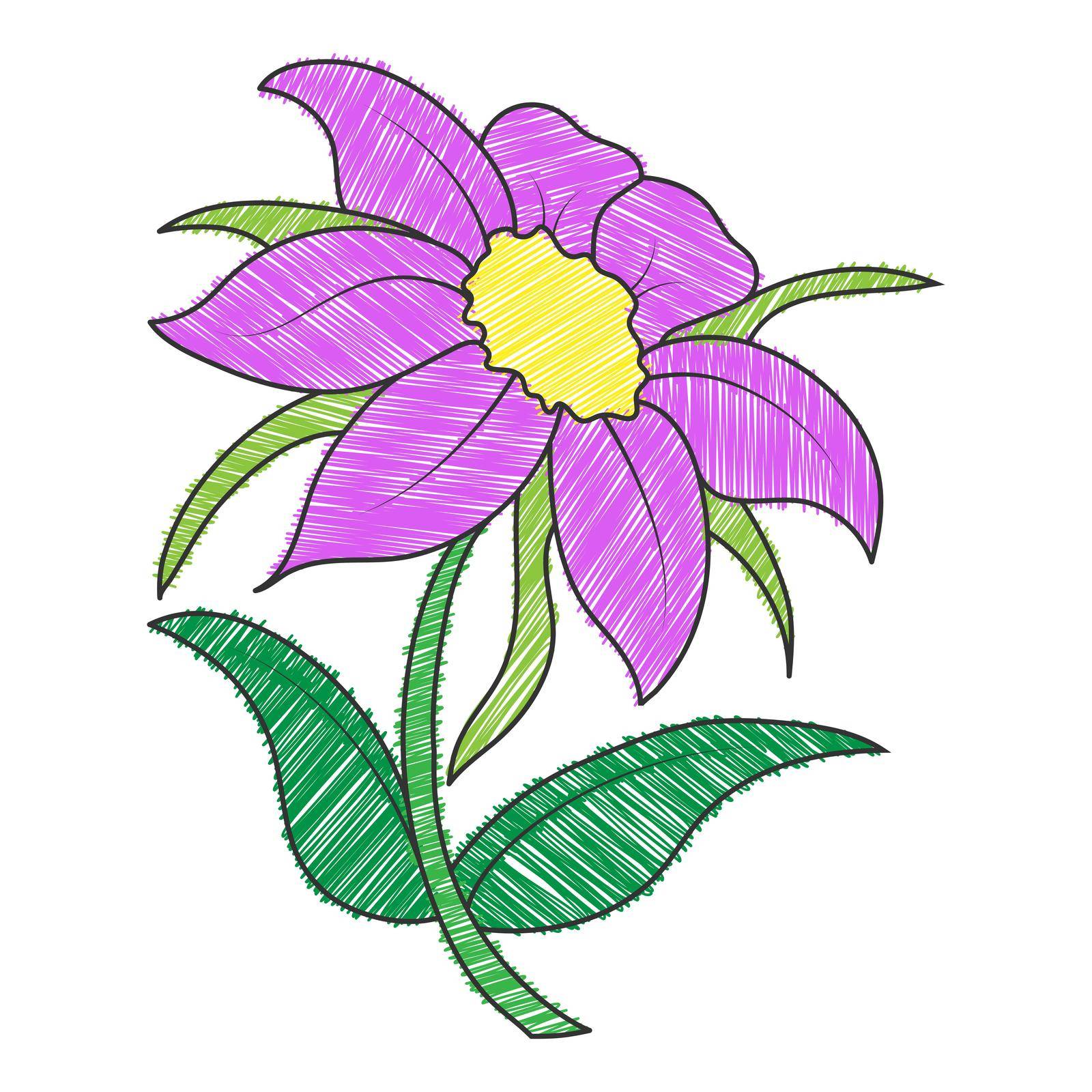 Empty colored outline of a flower with petals. Doodle style outline isolated on white background. Flat design for coloring, cards, scrapbooking and decoration.