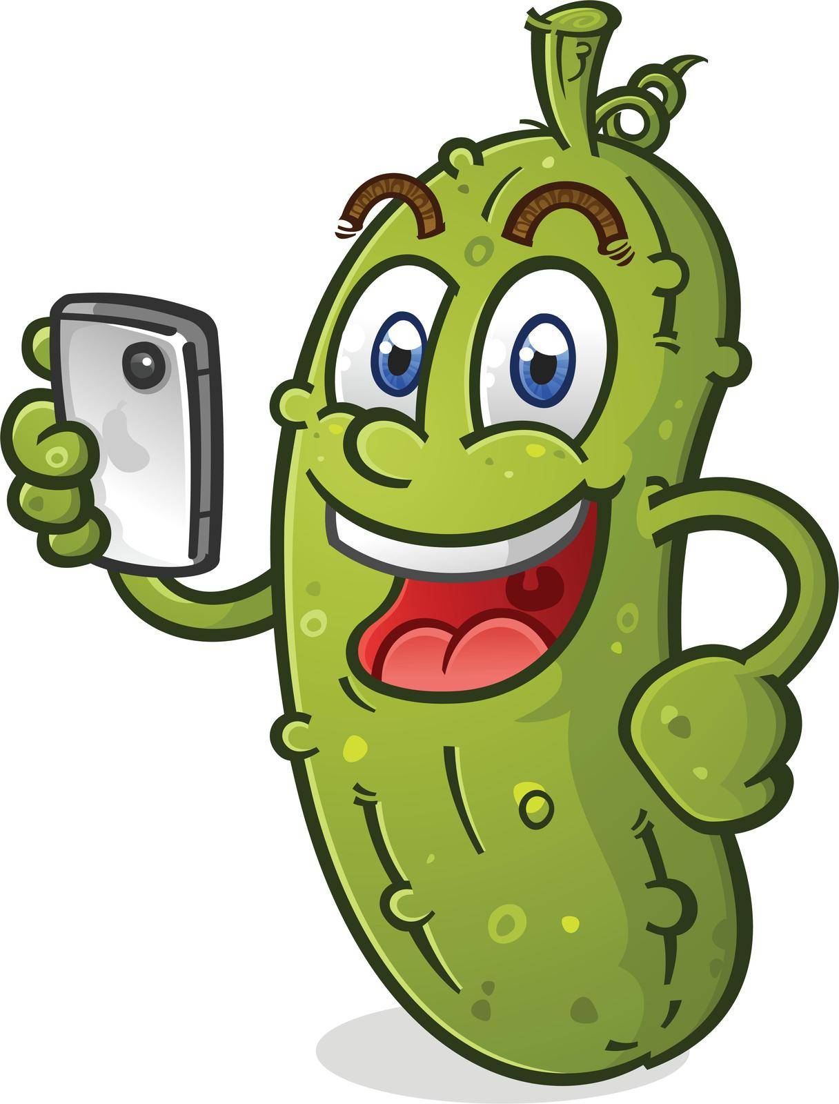 A smiling happy pickle using it's mobile phone to shop online, take photos and browse the internet