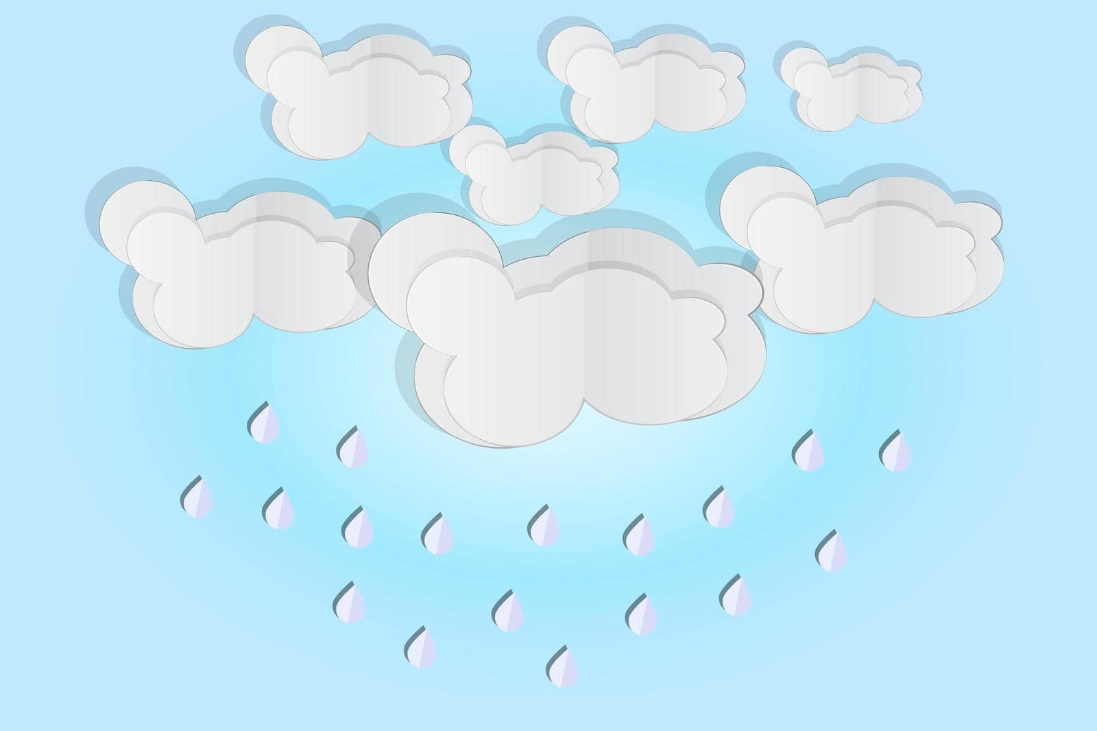 Storm weather concept with falling water drops from the cloudy sky. Paper cut and craft style. Overcast sky. Weather forecast. Stock vector illustration