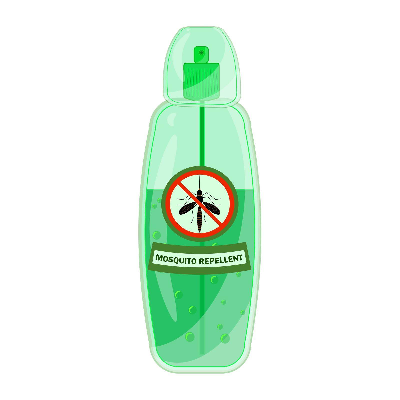 Mosquito repellent bottle spray with pest stop sign. Bug repellent spray aerosol prevention. Outdoor protection, repelling flying insects. Stock vector illustration