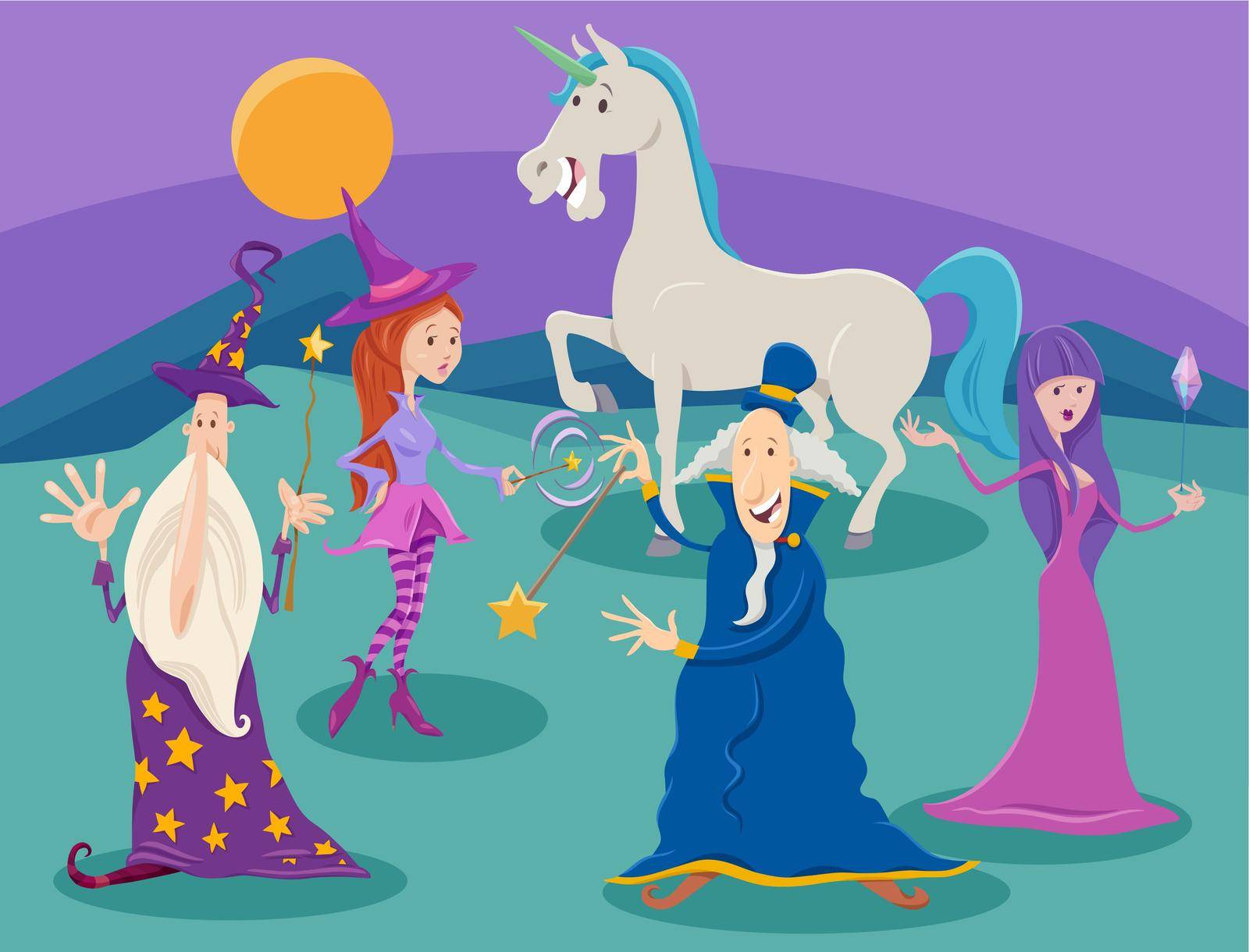 Cartoon illustrations of wizards and witches with unicorn fantasy characters group