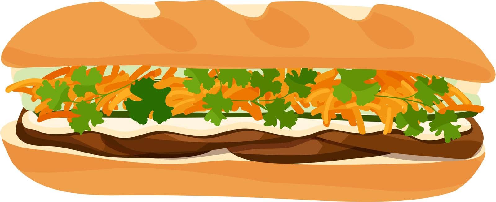 Beef Vietnamese Banh Mi sandwich with cilantro, shredded carrots, cucumbers, and mayonnaise sauce isolated on a white background. Vector illustration.