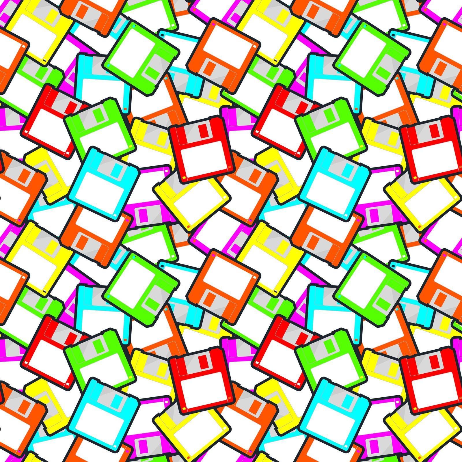 Colorful retro computer diskettes scattered in a pile on a seamless repeating background. Vector illustration.