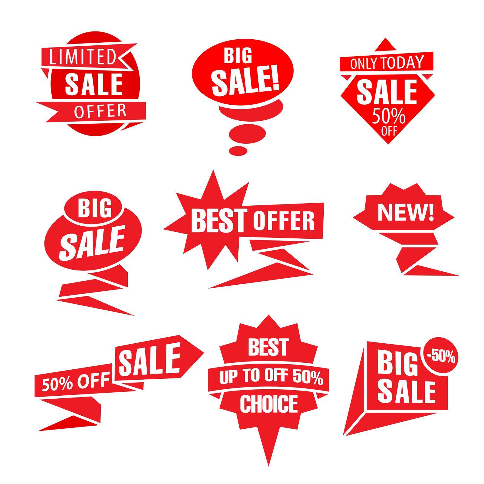 set of different flat red advertising and promotion badges, stickers and tags