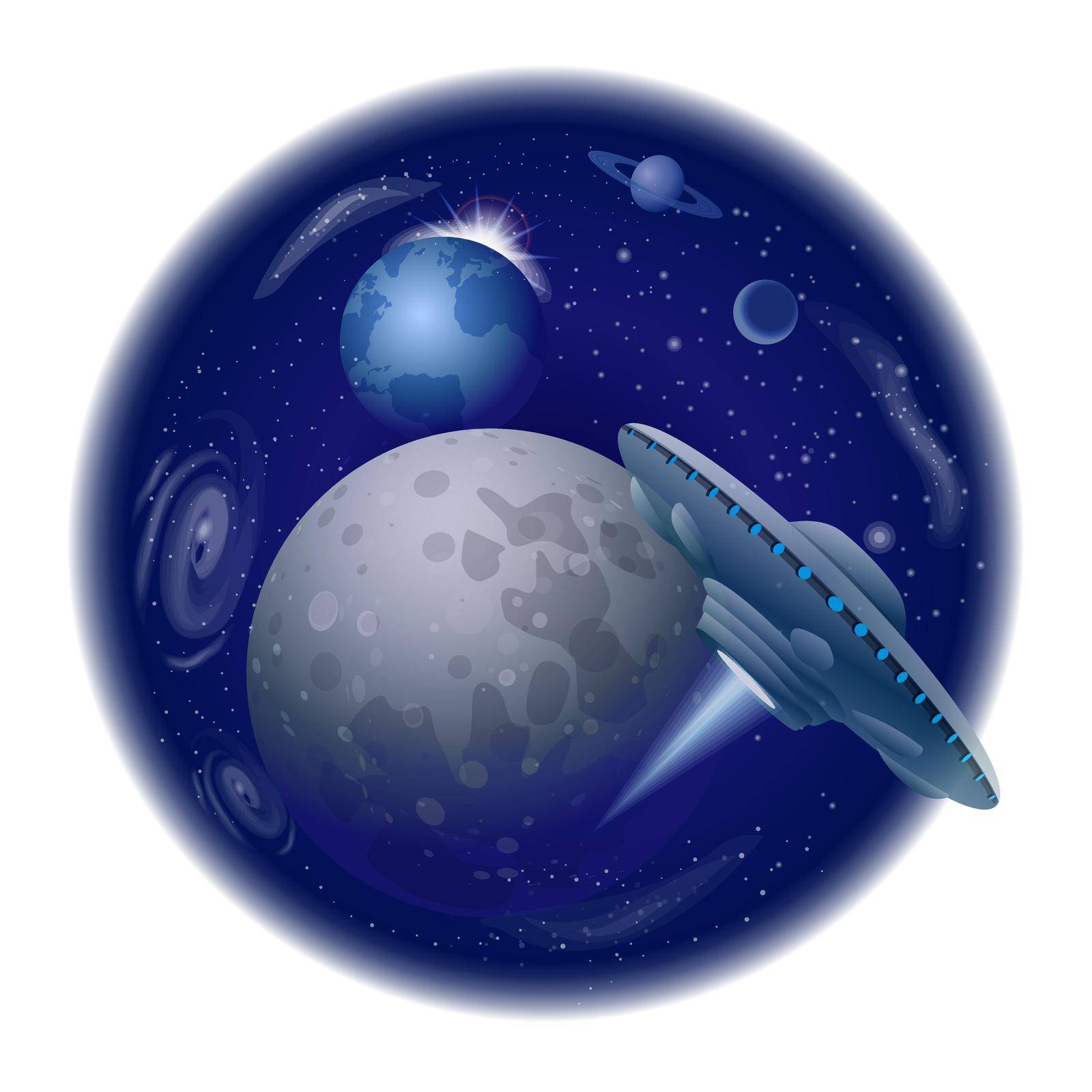 Concept illustration of ufo flight around the moon and space.