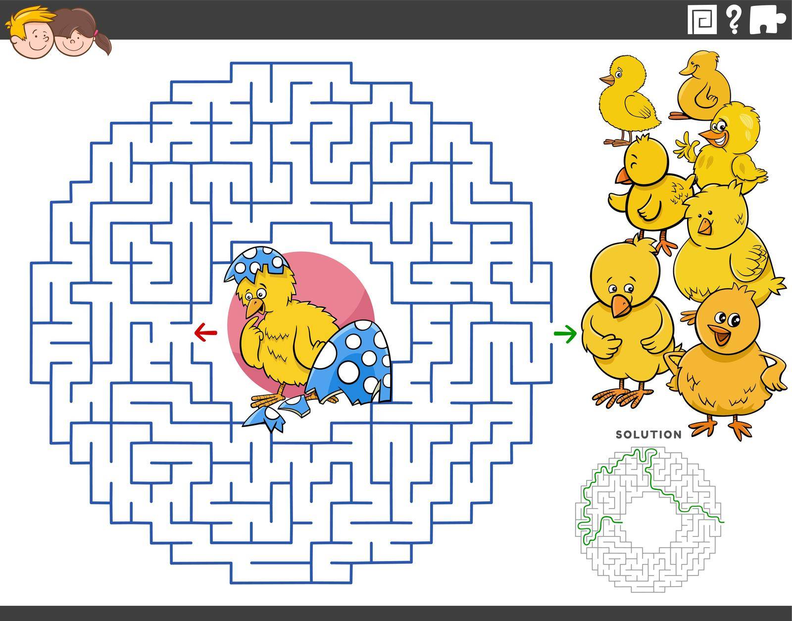Cartoon illustration of educational maze puzzle game for children with little chick hatched from Easter egg