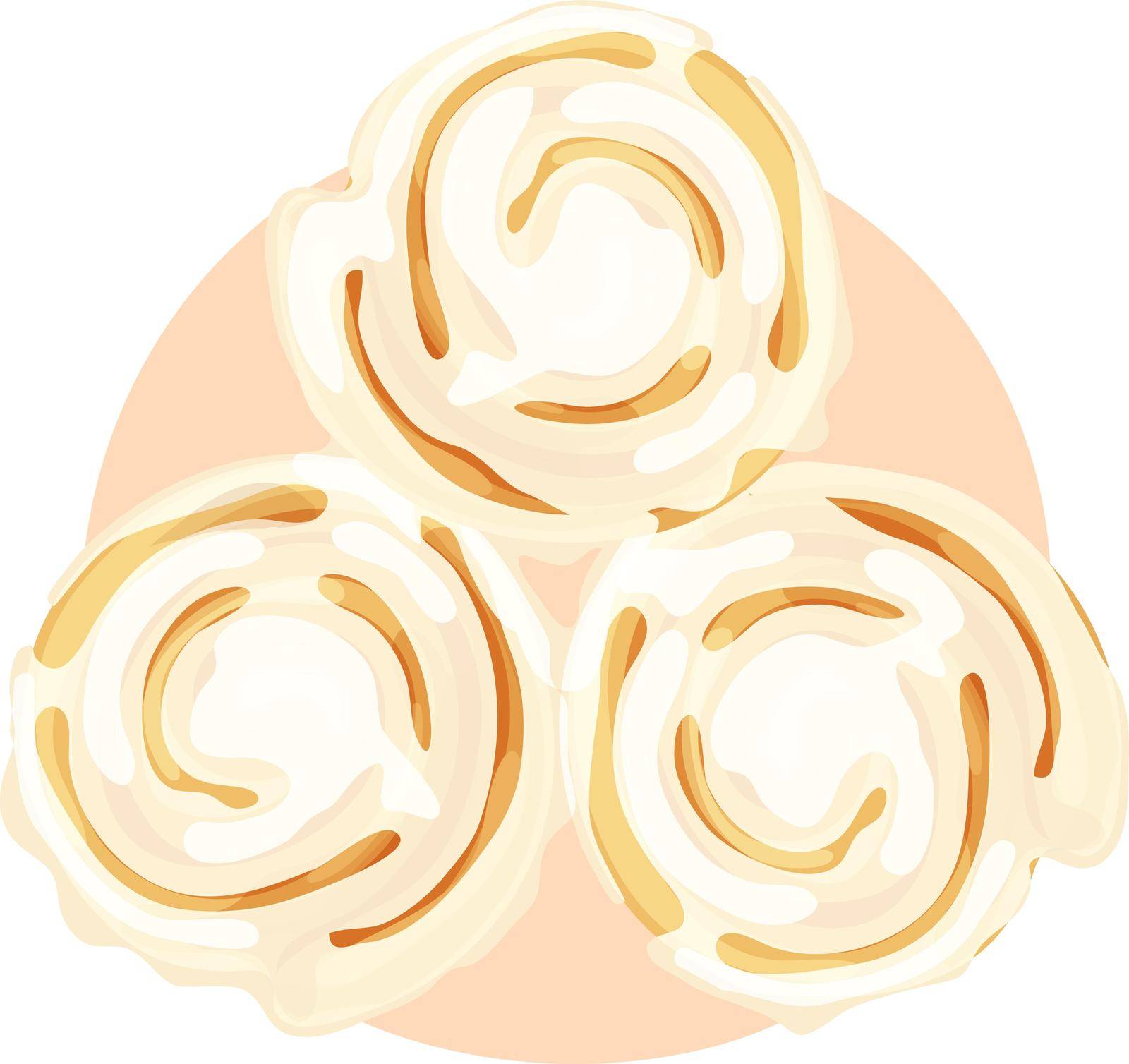 Three iced cinnamon buns on an orange circle background. Isolated vector illustration.