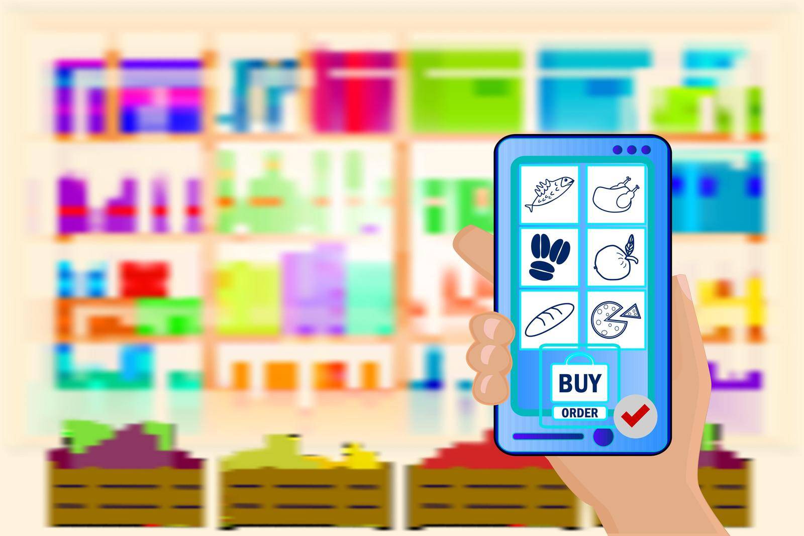 Hand holds a mobile phone with a grocery order on supermarket blurry shelves background. by KajaNi