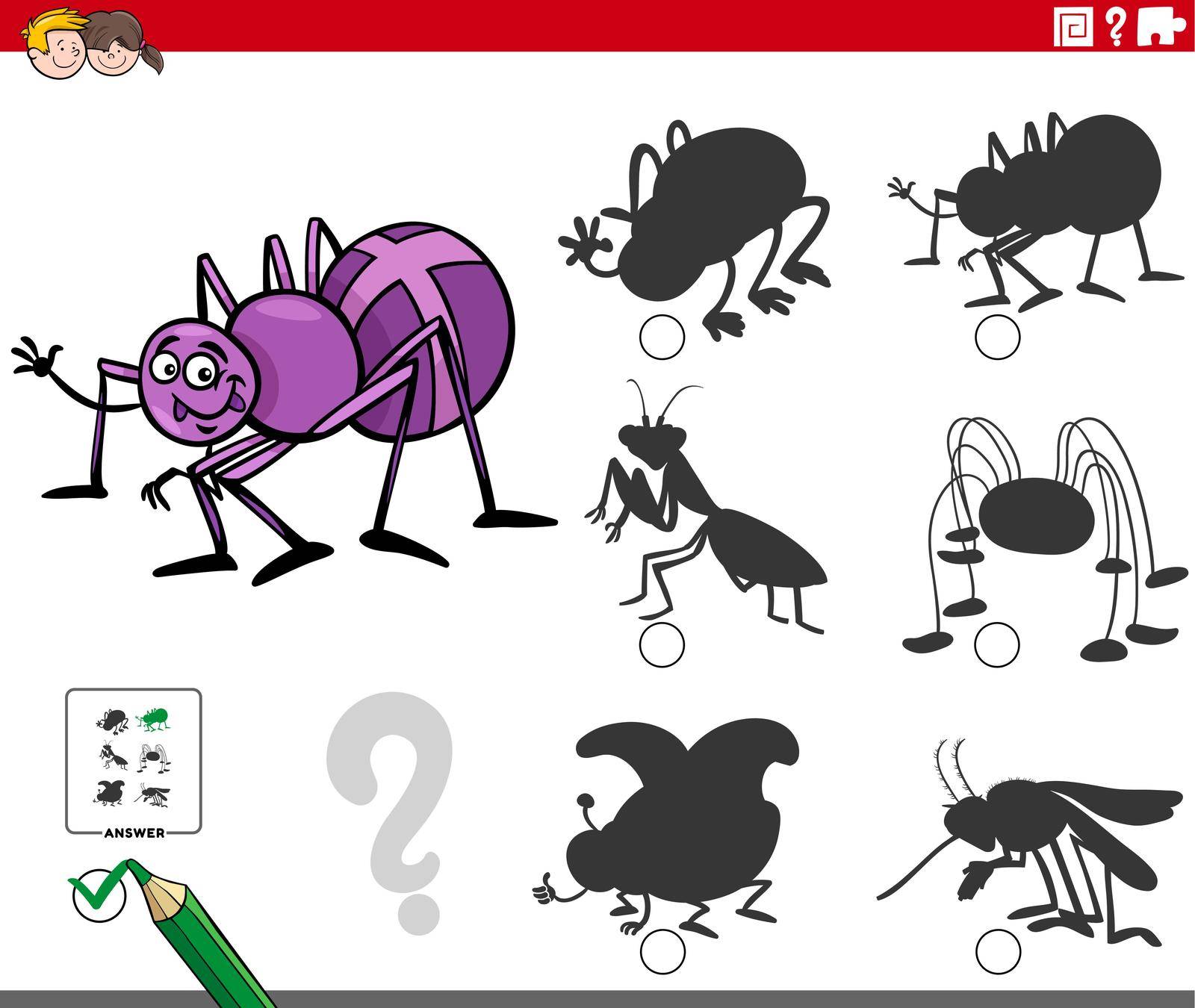 Cartoon illustration of finding the right shadow to the picture educational game for children with spider insect character