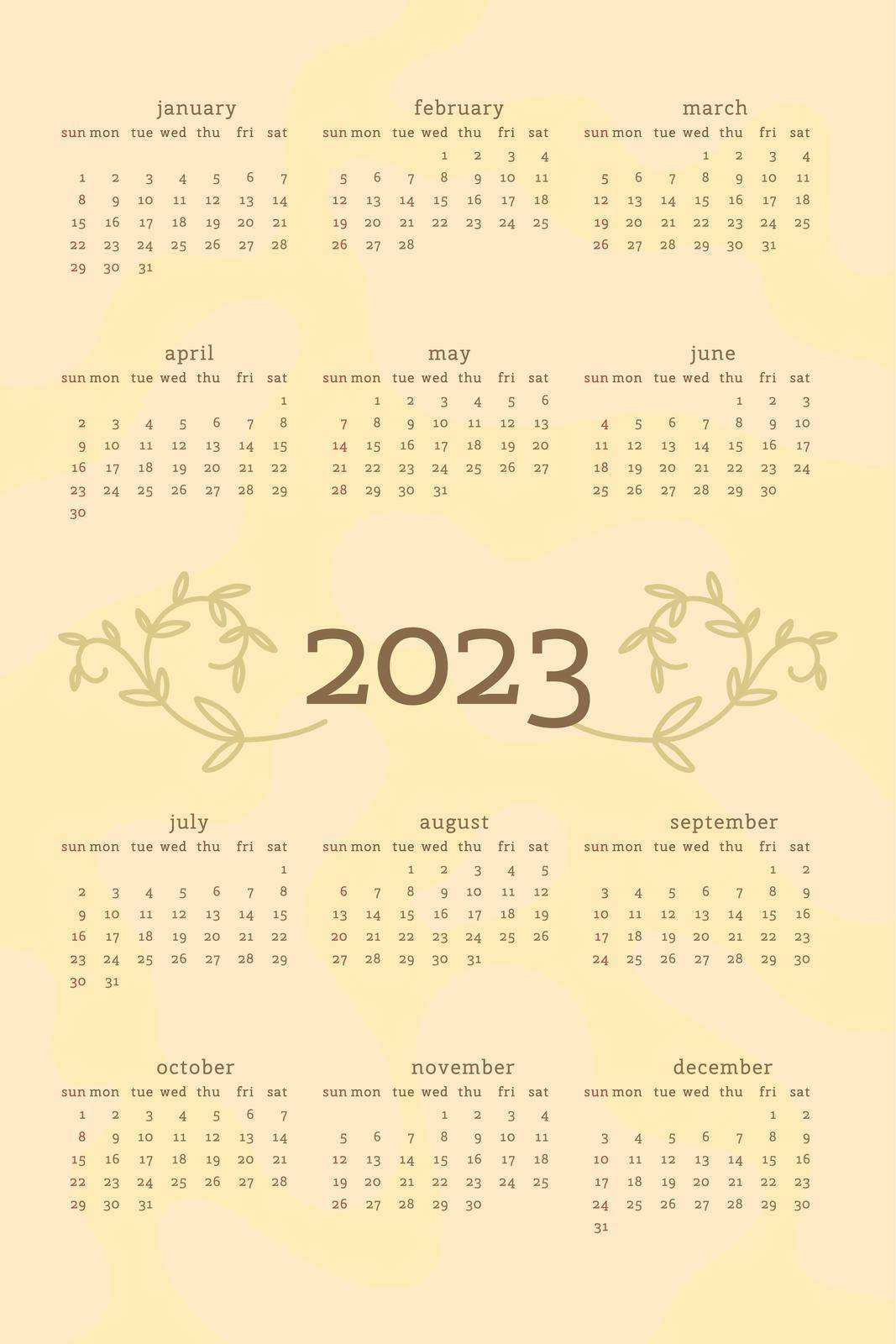 2023 calendar in delicate natural trendy style decorated with botanical floral hand drawn branch leaves. vertical format. light pastel green color. week starts on Sunday. by MariaTem