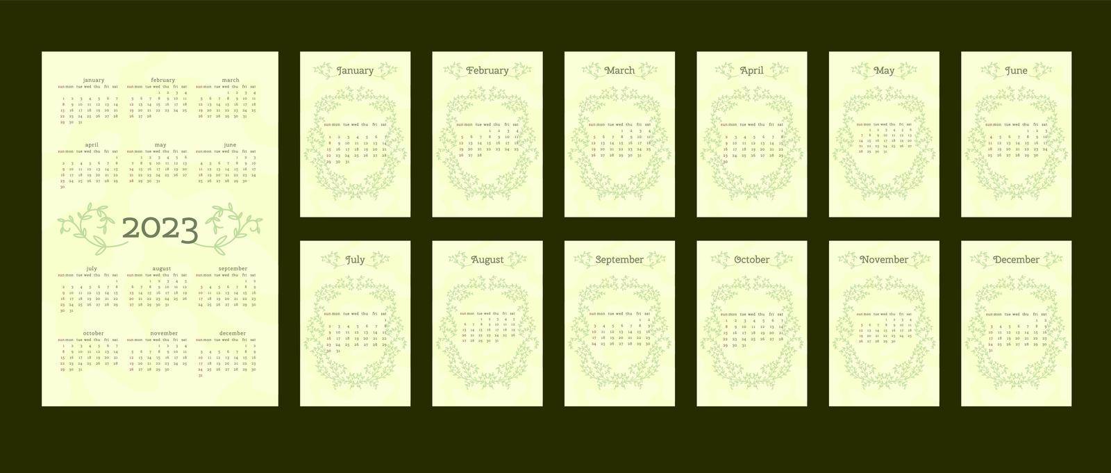 2023 calendar in delicate natural trendy style decorated with botanical hand drawn branch leaves. set of 12 separated months. vertical format. light pastel green color. week starts on Sunday.