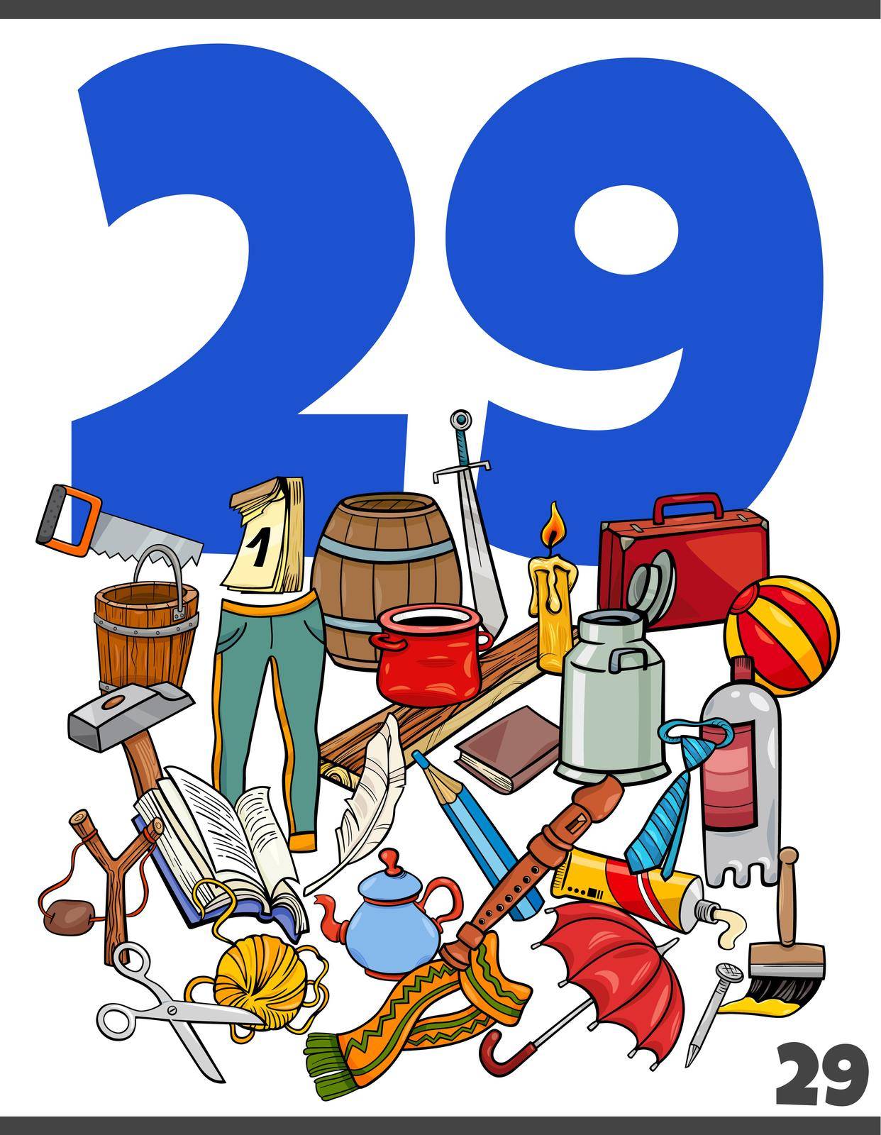 Cartoon illustration of number twenty nine for children with objects group