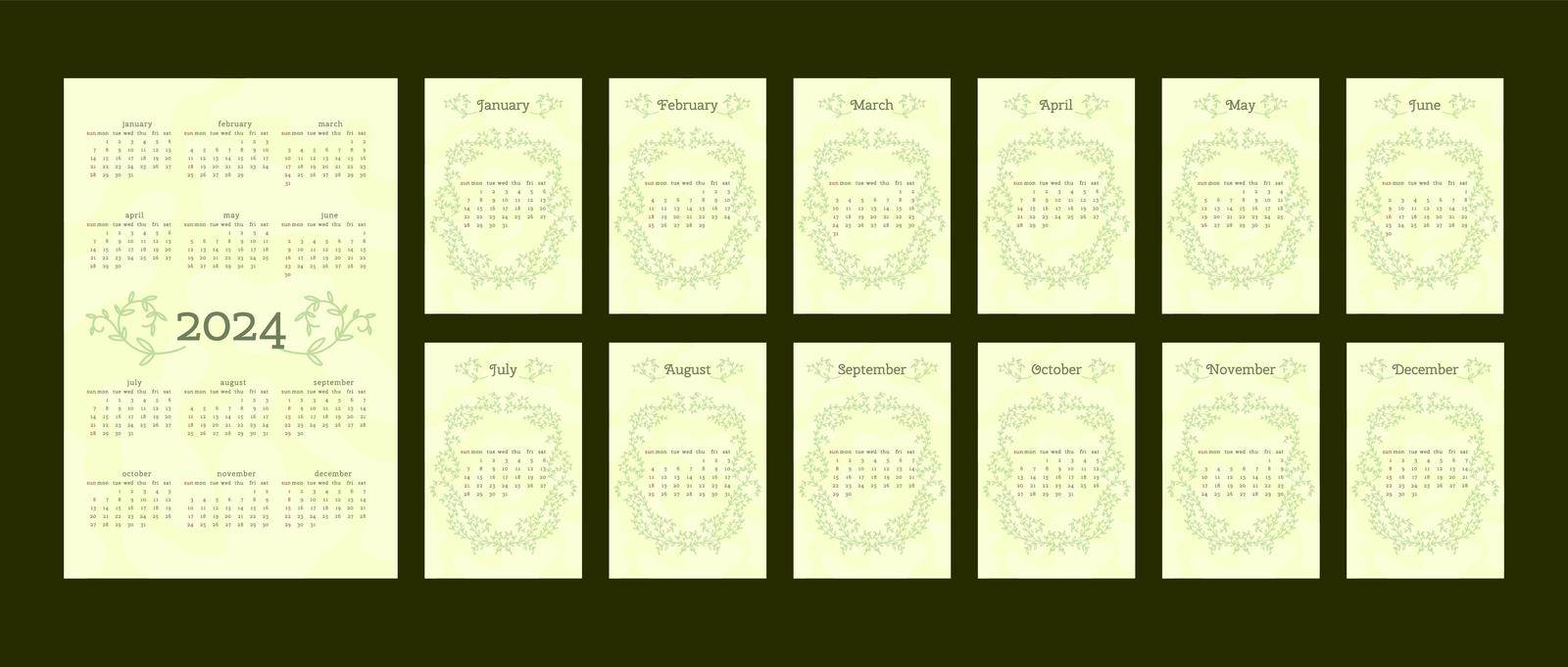 2024 calendar in delicate natural trendy style decorated with botanical hand drawn branch leaves. set of 12 separated months. vertical format. light pastel green color. week starts on Sunday.