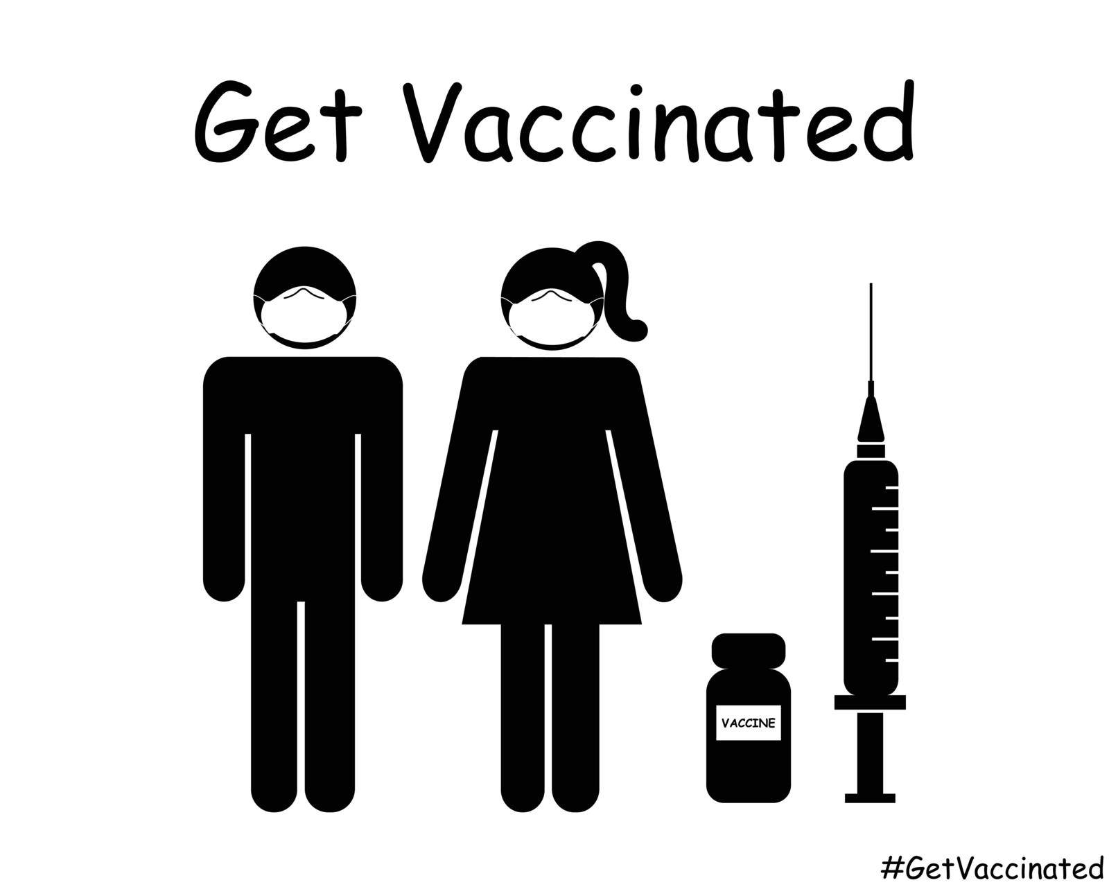 Get Vaccinated Stick Figure Man Woman Couple with Mask. Black and White EPS Vector Icon Illustration Artwork