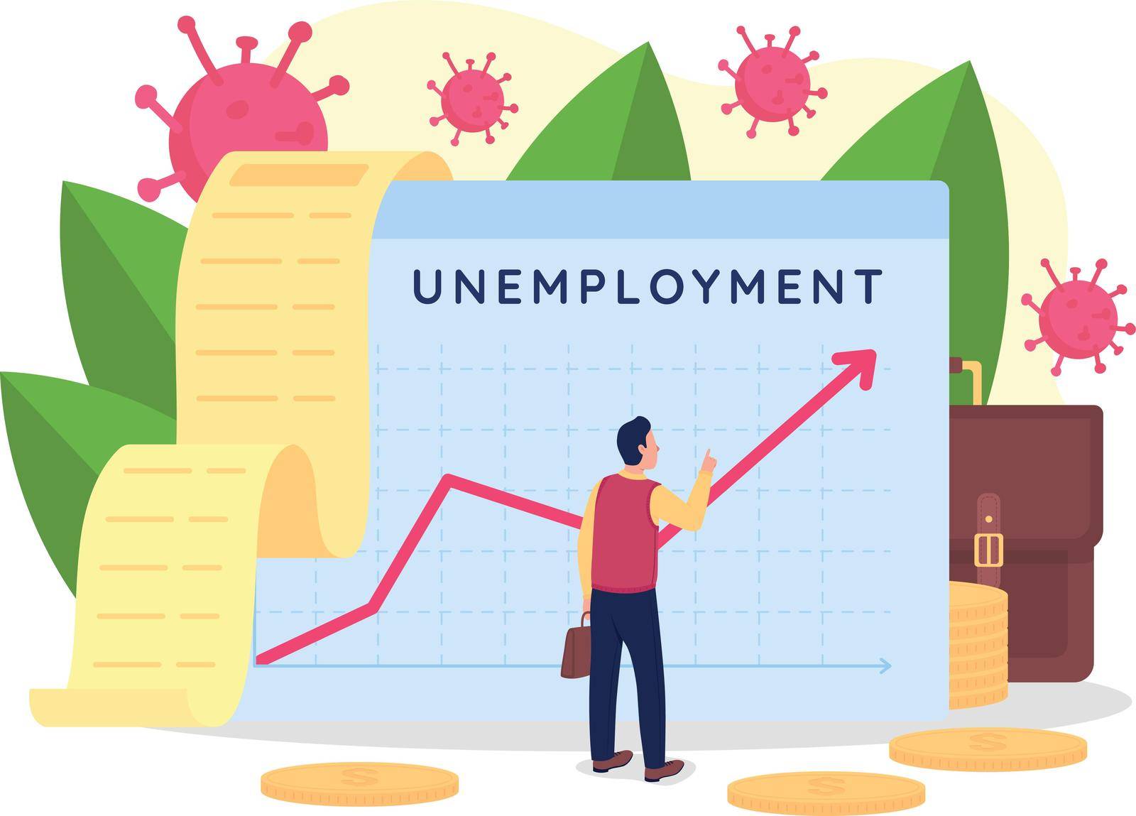 Rising unemployment rate flat concept vector illustration. Business failure. Employment problem increasing. Jobless person 2D cartoon character for web design. Financial recession creative idea