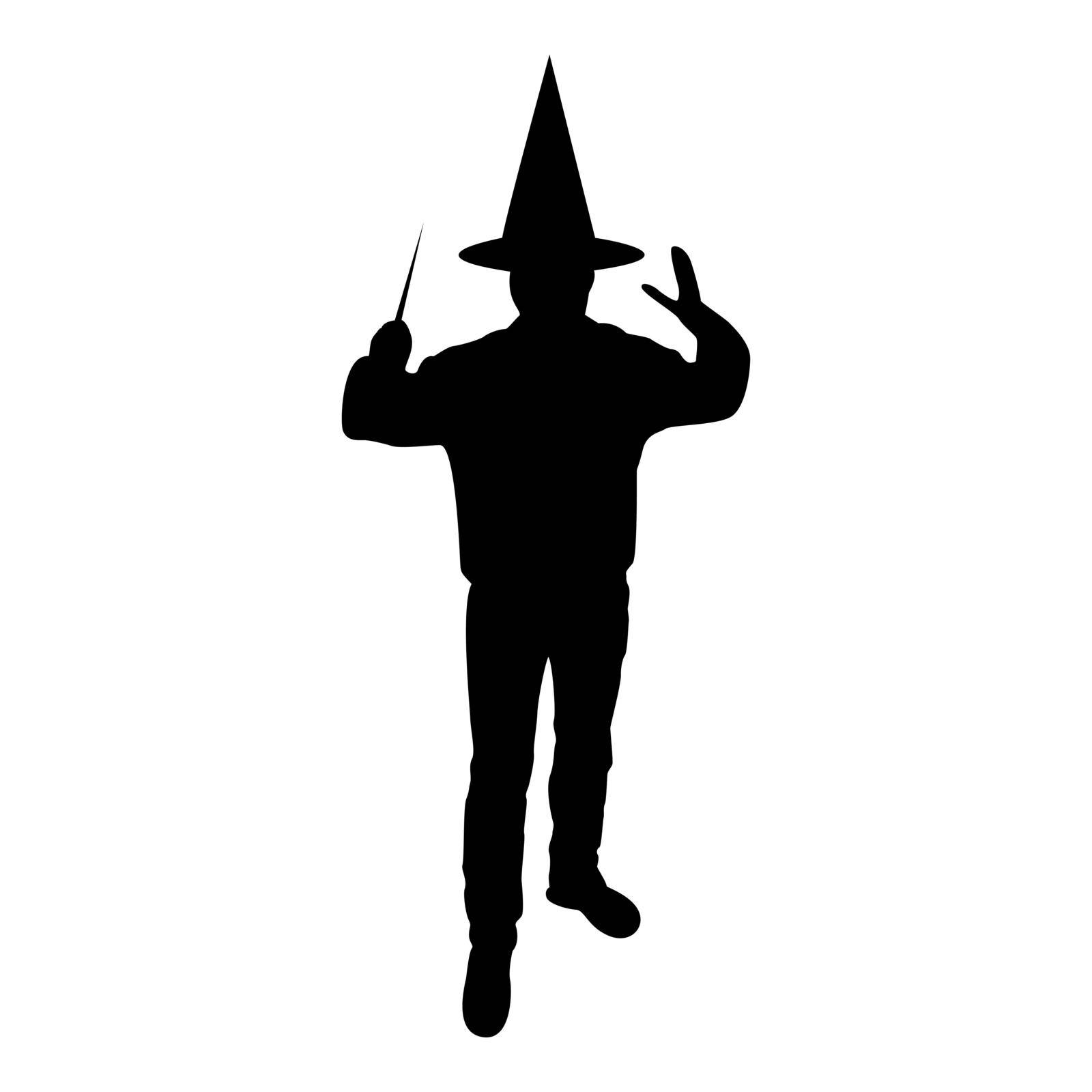Silhouette wizard holds magic wand trick waving sorcery concept magician sorcerer fantasy person warlock man in robe with magical stick witchcraft in hat mantle mage conjure mystery idea enchantment black color vector illustration flat style simple image