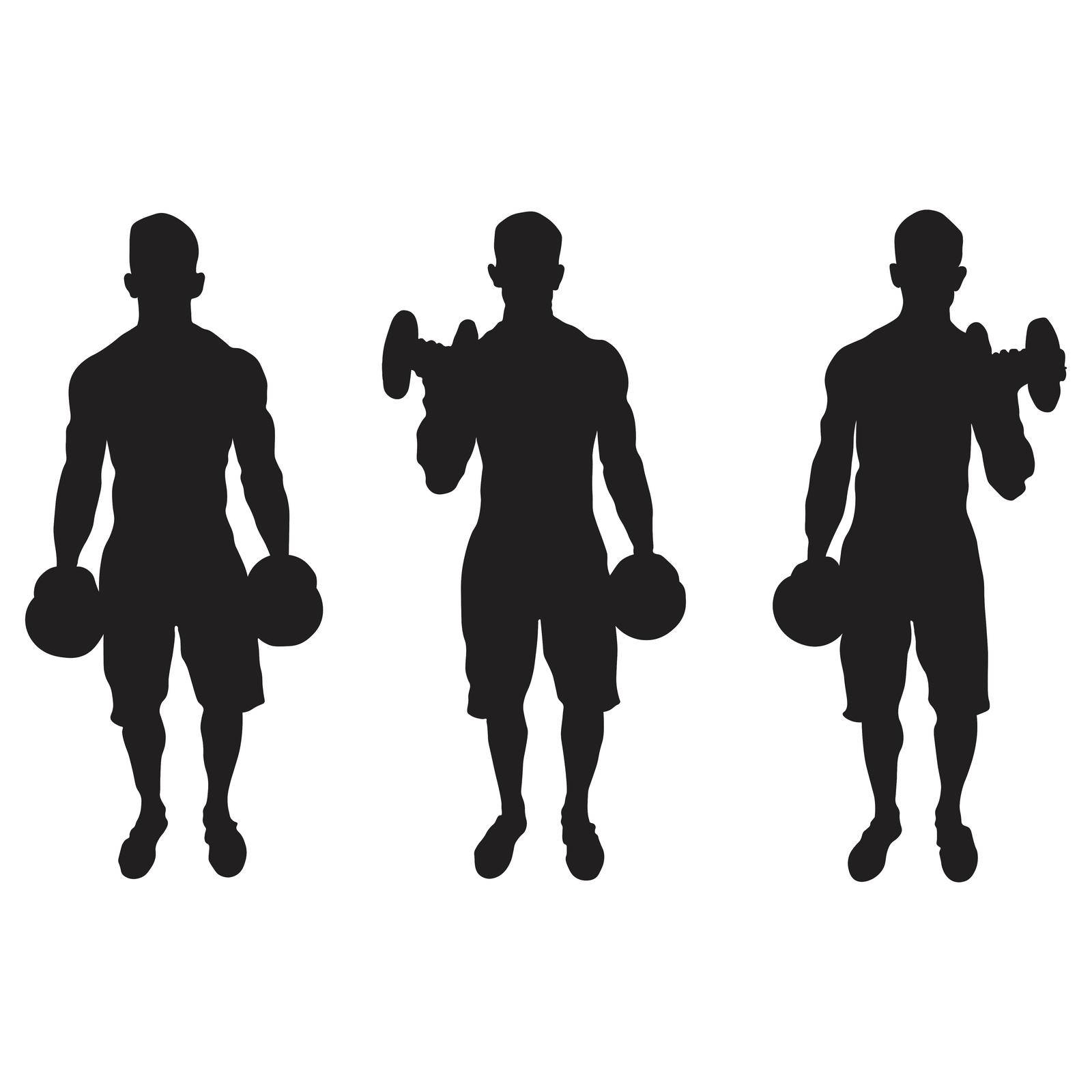 A set of silhouette depicting man doing alternating bicep curls arm exercise isolated on a white background. EPS Vector by xileodesigns