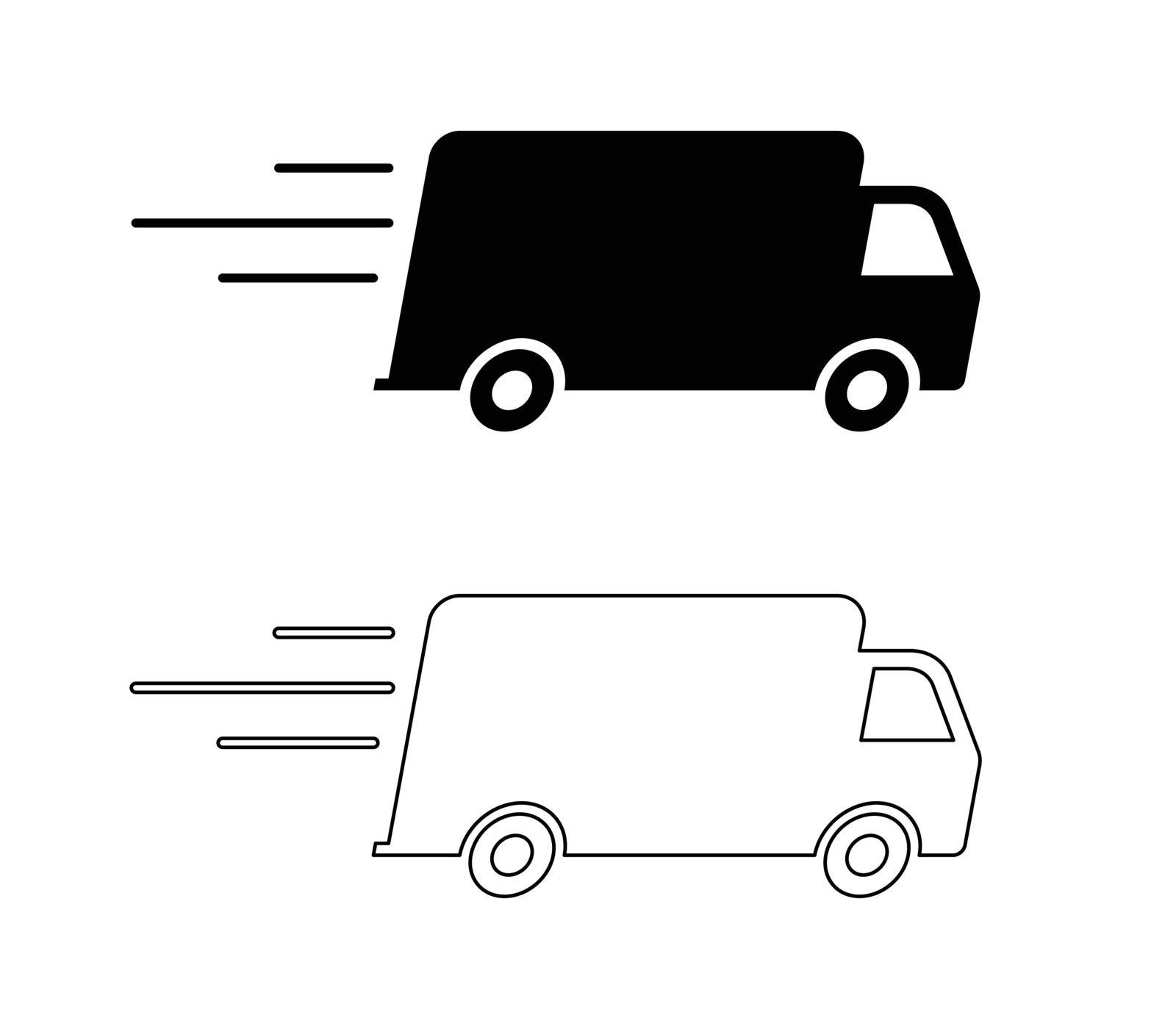 Fast Delivery Shipping Truck.  Black Illustration and Outline Isolated on a White Background. EPS Vector by xileodesigns