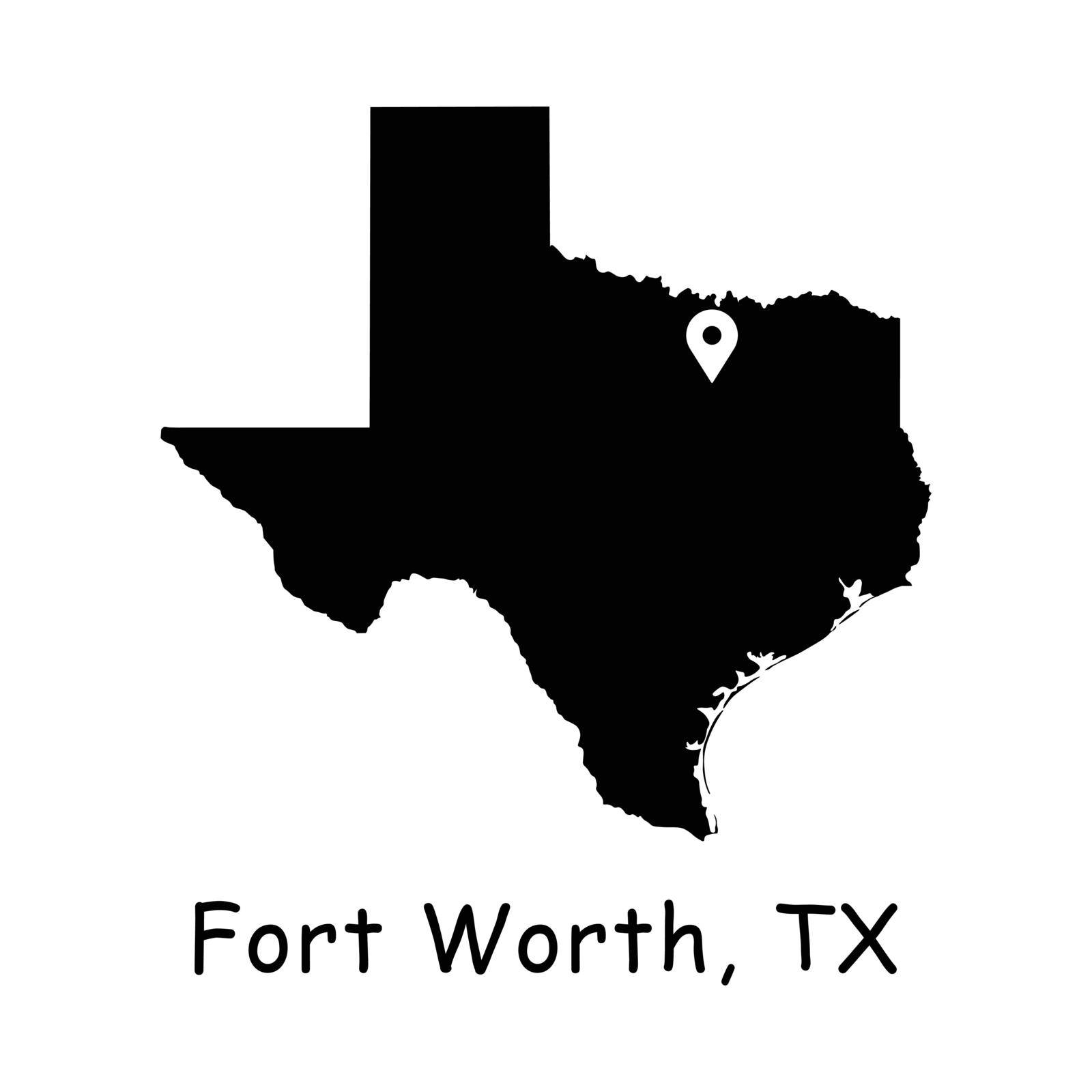 Fort Worth on Texas State Map. Detailed TX State Map with Location Pin on Fort Worth City. Black silhouette vector map isolated on white background.