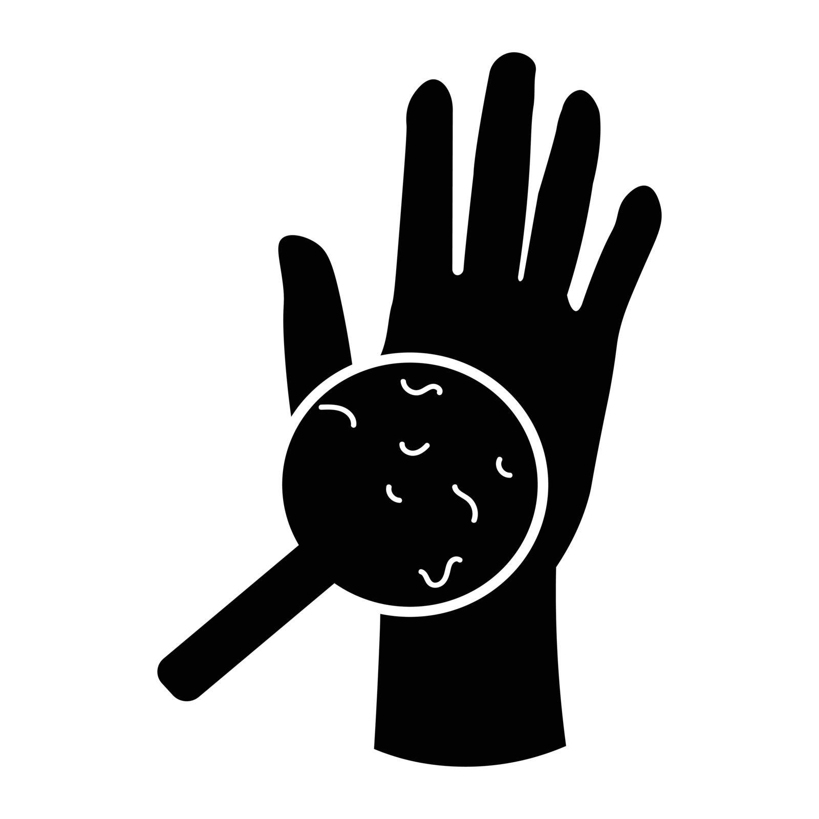 Germs Virus Bacteria on Hand Palm Using Magnifying Glass. Black and White EPS Vector