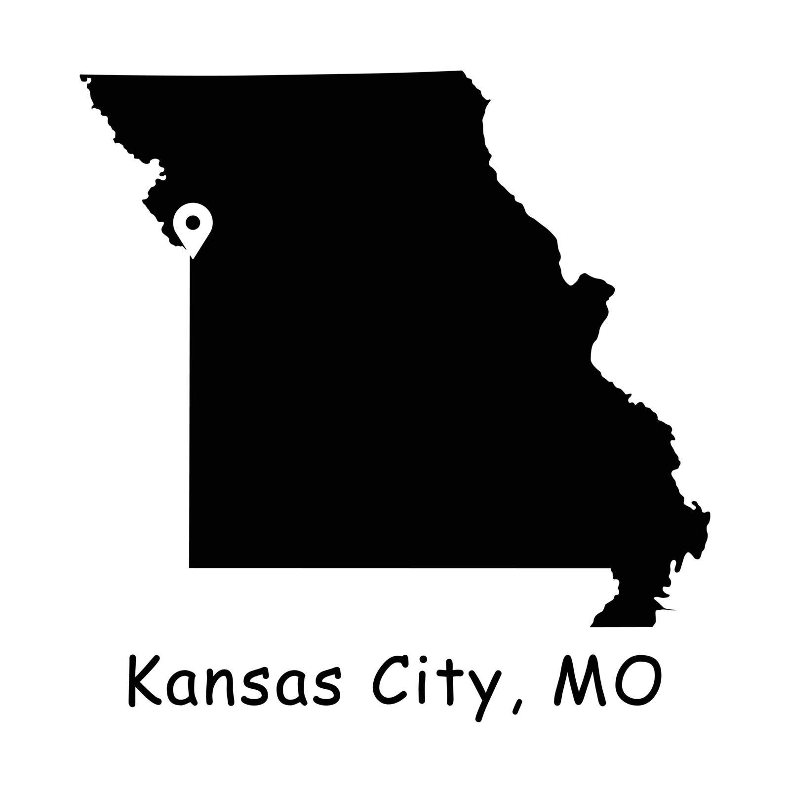 Kansas City on Missouri State Map. Detailed MO State Map with Location Pin on Kansas City. Black silhouette vector map isolated on white background.