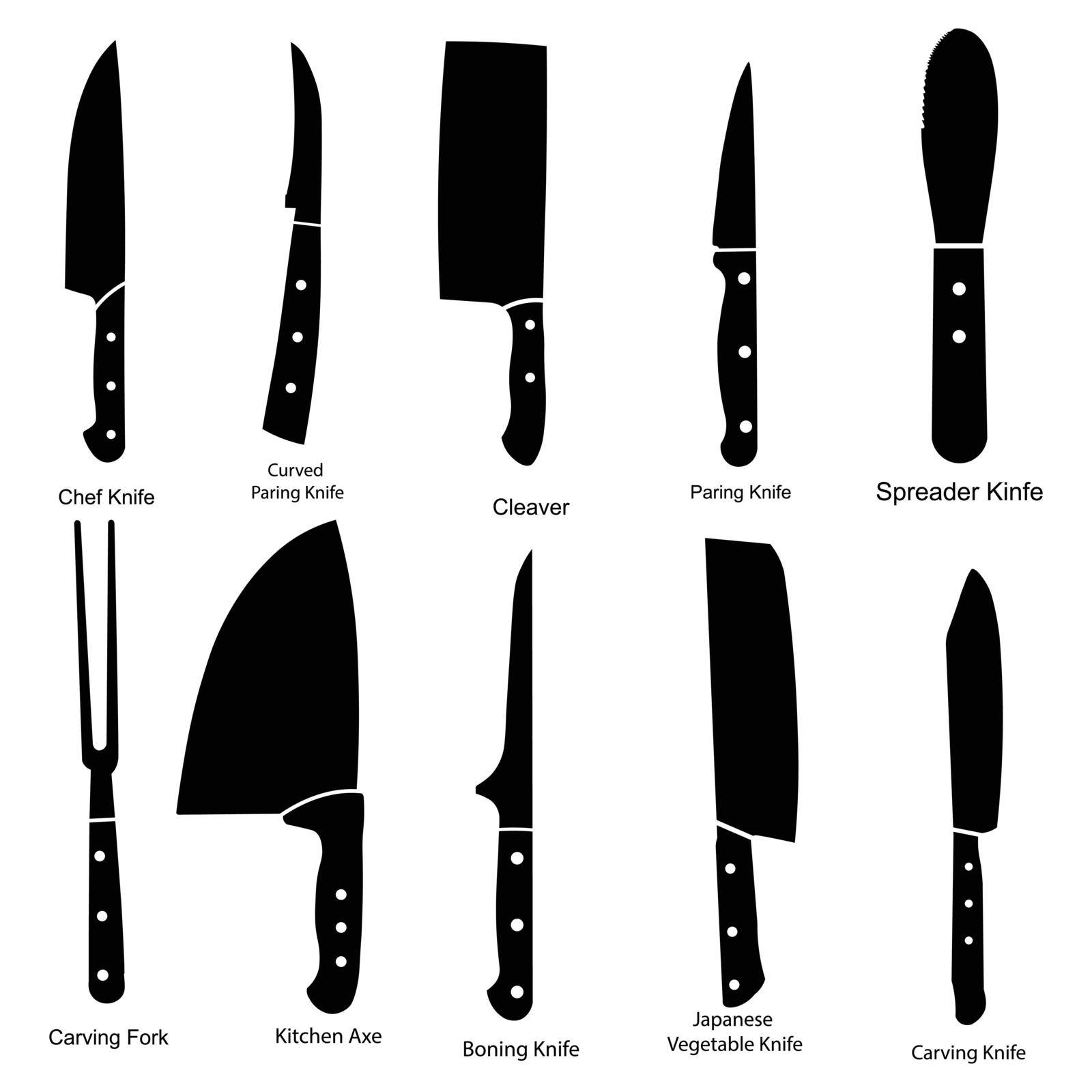 A set of kitchen knives pictogram icons. Chef knife, curved paring, cleaver, paring knife, spreader, carving fork, kitchen axe, boning, japanese vegetable, carving knife isolated on a white background. EPS Vector