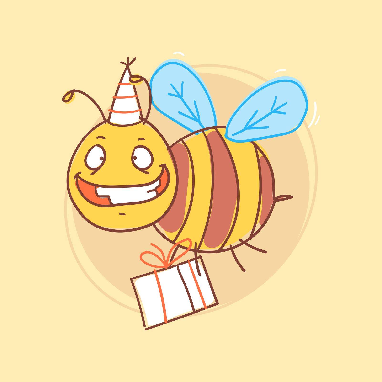 Bee cheerful holds gift and smiles. Funny character. Vector Illustration