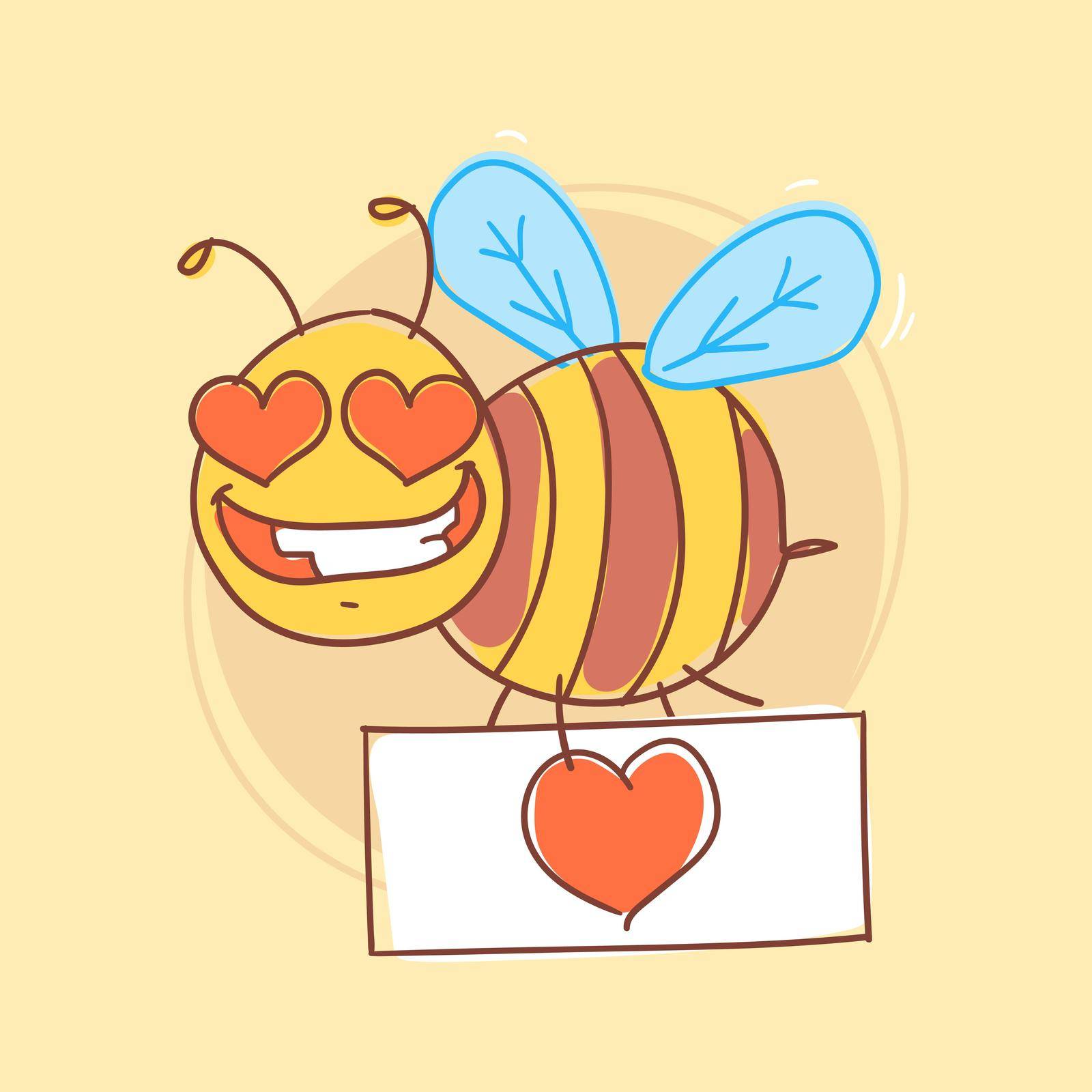 Bee holding sign with heart and smiling. Funny character. Vector Illustration