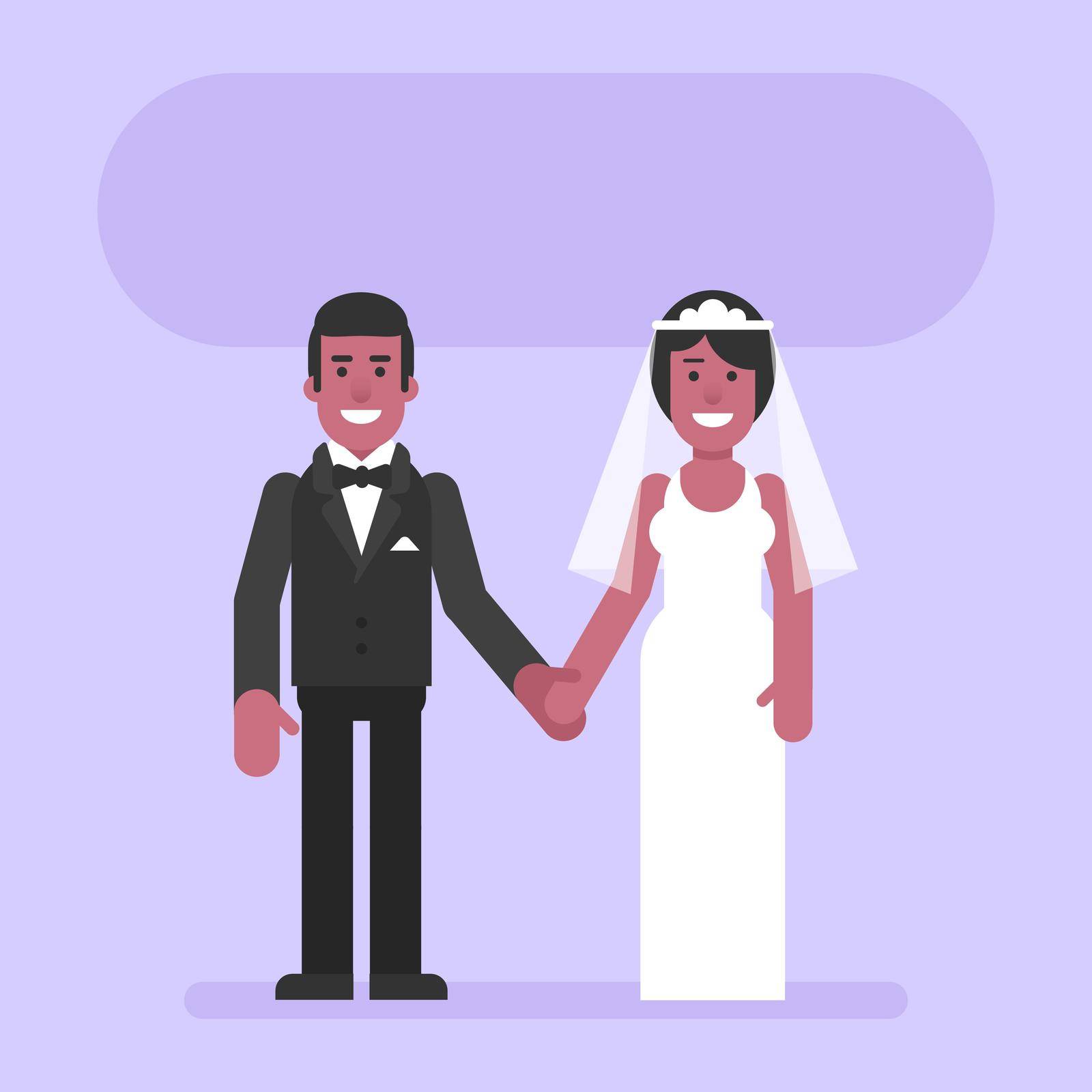 African American bride and groom hold hands and smile. Flat people. Vector Illustration