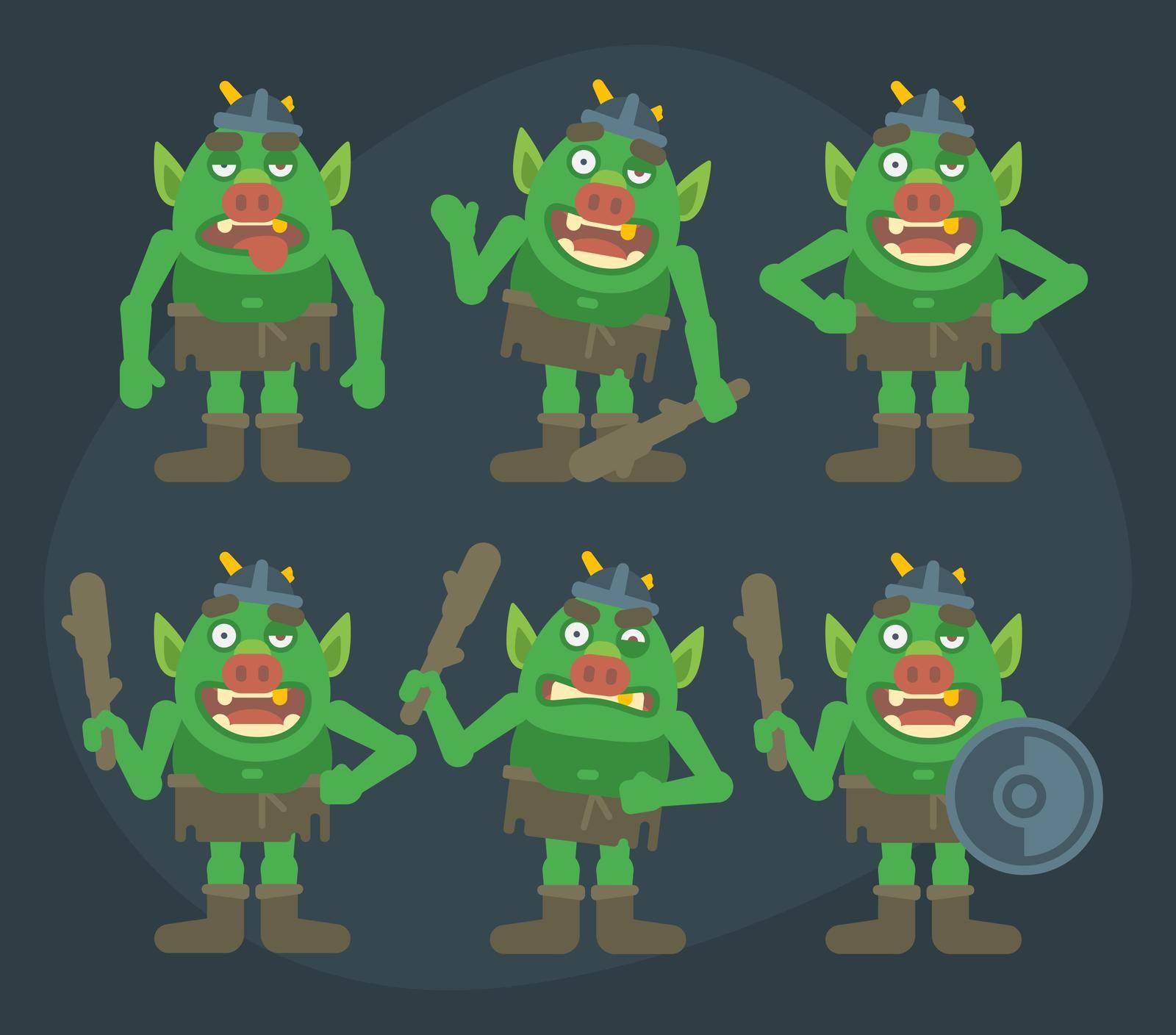 Funny troll character in various poses. Character set. Vector Illustration
