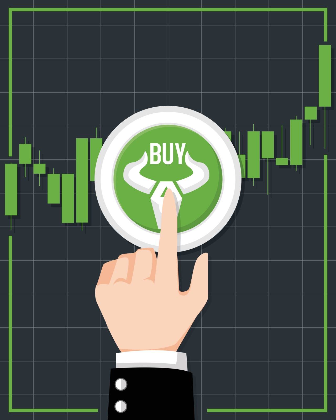 Bullish stock market vector. Fund, forex or commodity price charts. Design by financial chart elements and business man push buy botton with bull symbol, growing investment trading. Up trend concept by foxeel