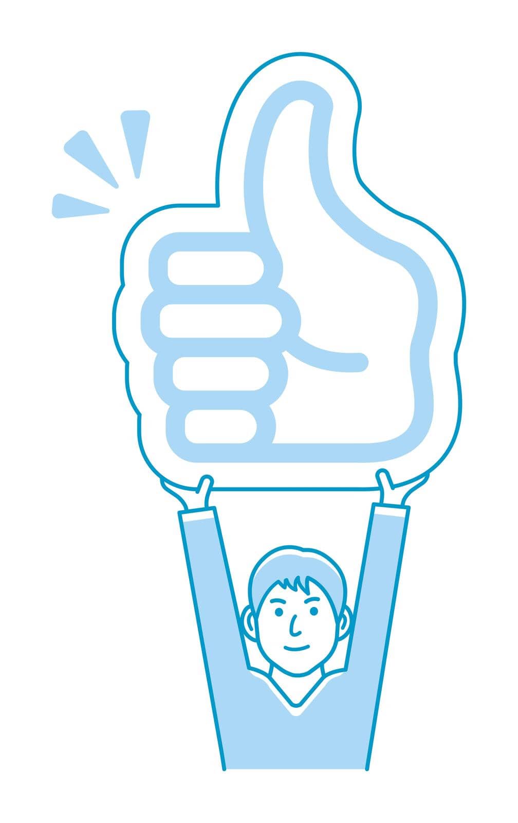 Young man holding cardboard plate ( thumb up ) illustration.