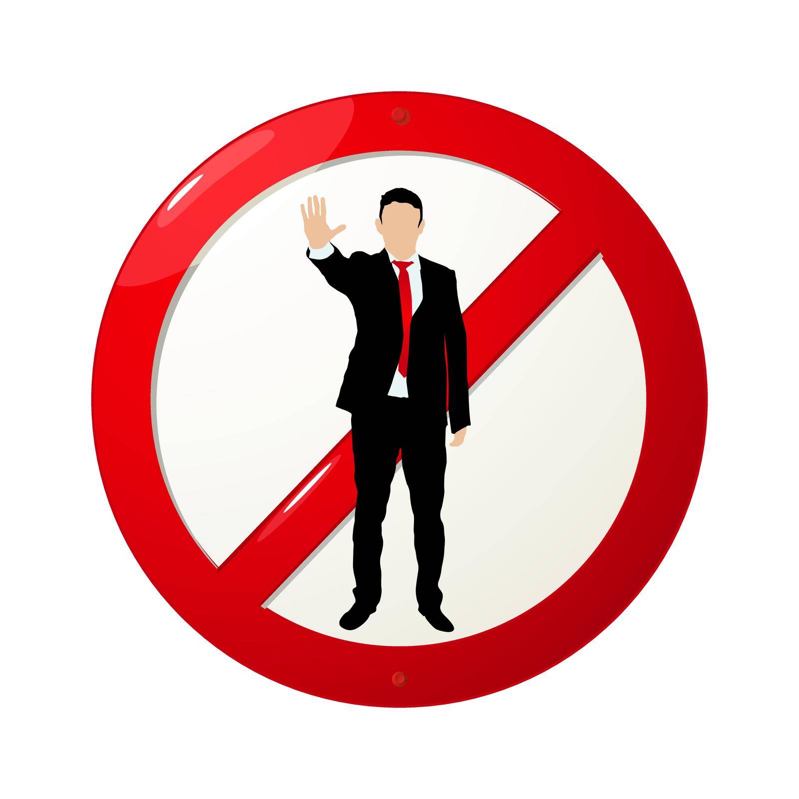 No business sign, symbol with a men in suit and tie over a stop sign, isolated vector objects over white background