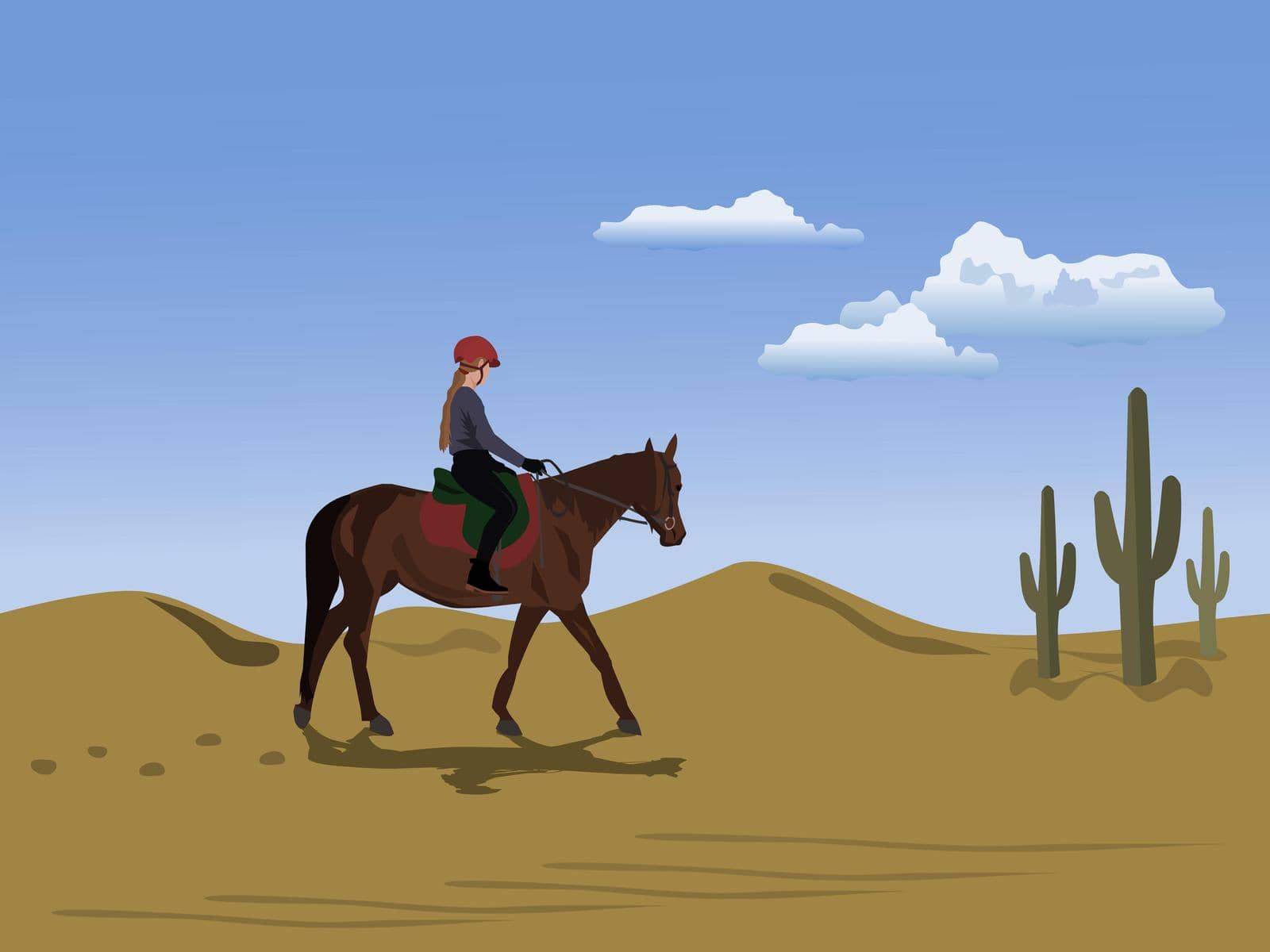 A woman riding a horse in the desert with sky and clouds in the background. by moo12