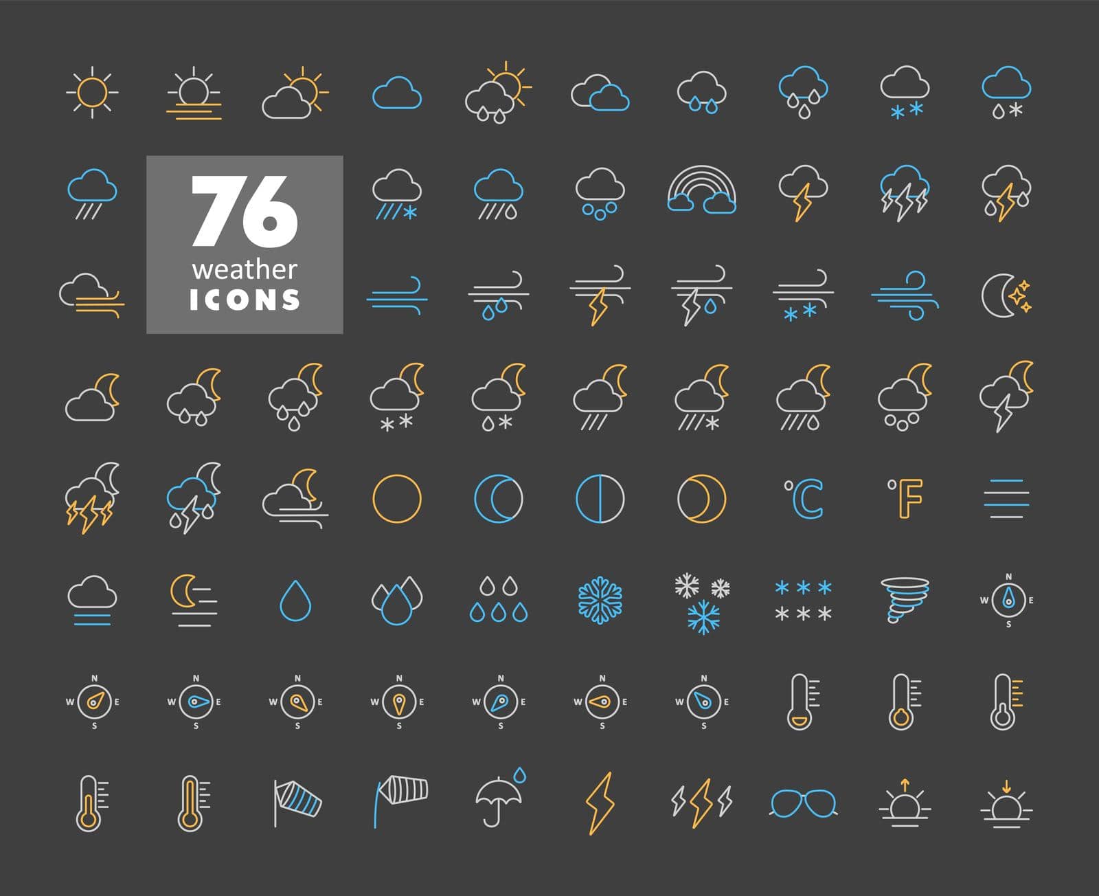 Vector weather forecast icon set on dark background. Meteorology sign. Graph symbol for travel, tourism and weather web site and apps design, app, UI