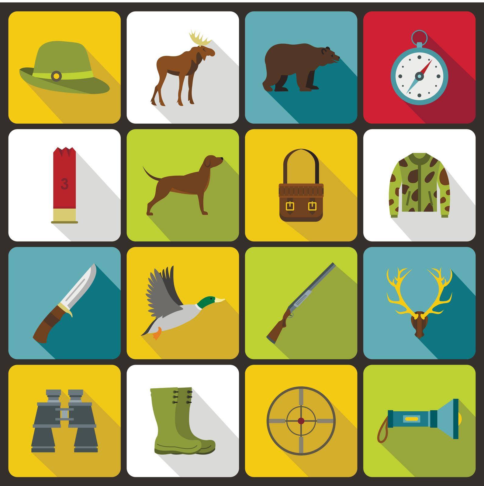 Hunting icons set in flat style. Hunters equipment set collection vector illustration