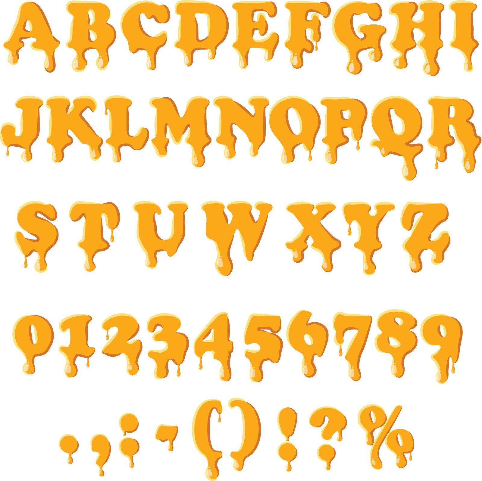 Caramel alphabet with numbers isolated on white background. English font in honey texture set collection vector illustration