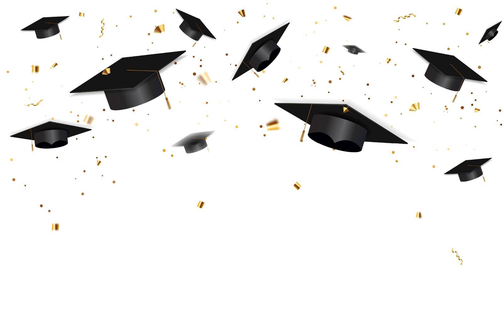 Graduation class of 2021 with graduation cap hat and confetti. Vector Illustration