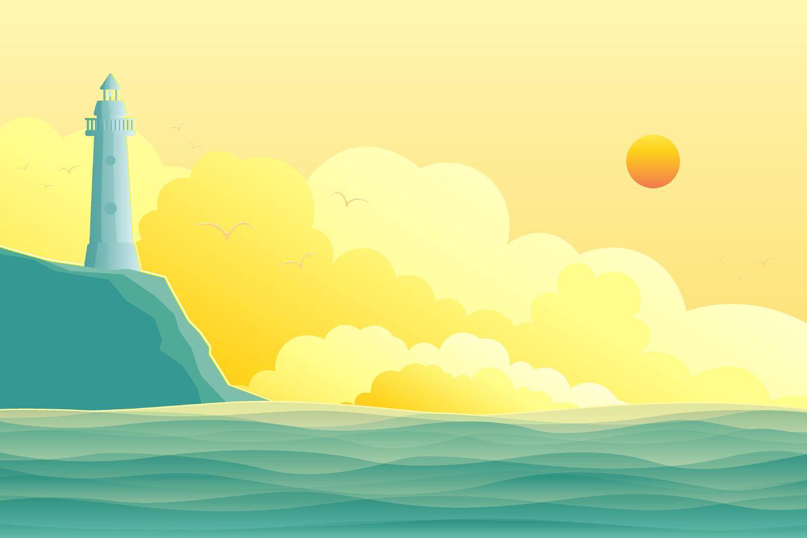 Seascape vector illustration. Lighthouse by samarttiw