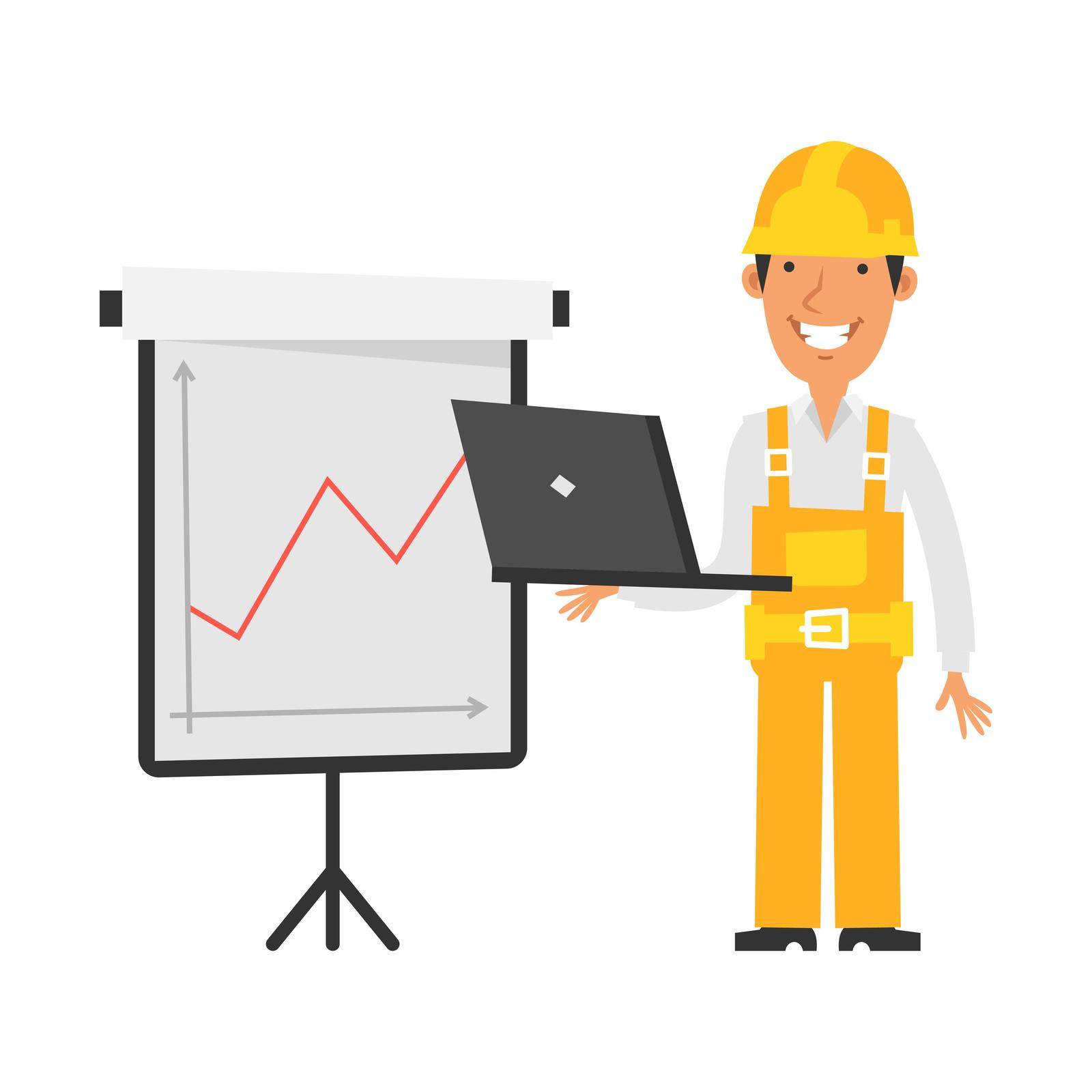 Business graph with positive indicator. Builder holds laptop and smiles. Vector characters. Vector Illustration
