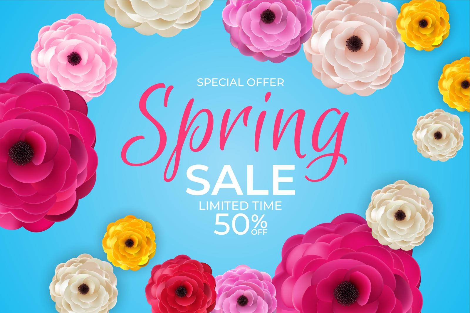 Spring Special Offer Sale Background Poster Natural Flowers and Leaves Template. Vector Illustration