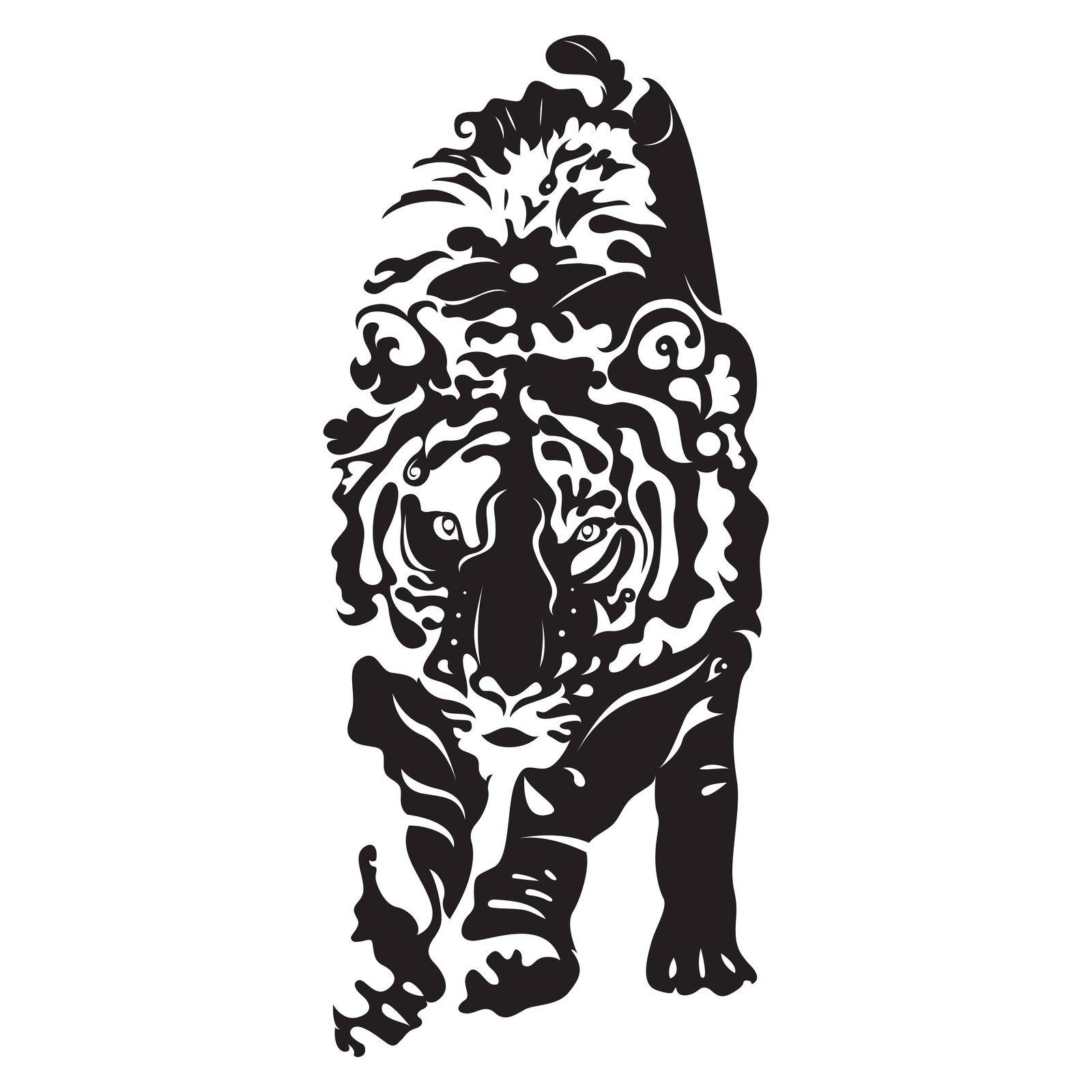 TIGER in black and white style siihouette white white background, vector illustration.
