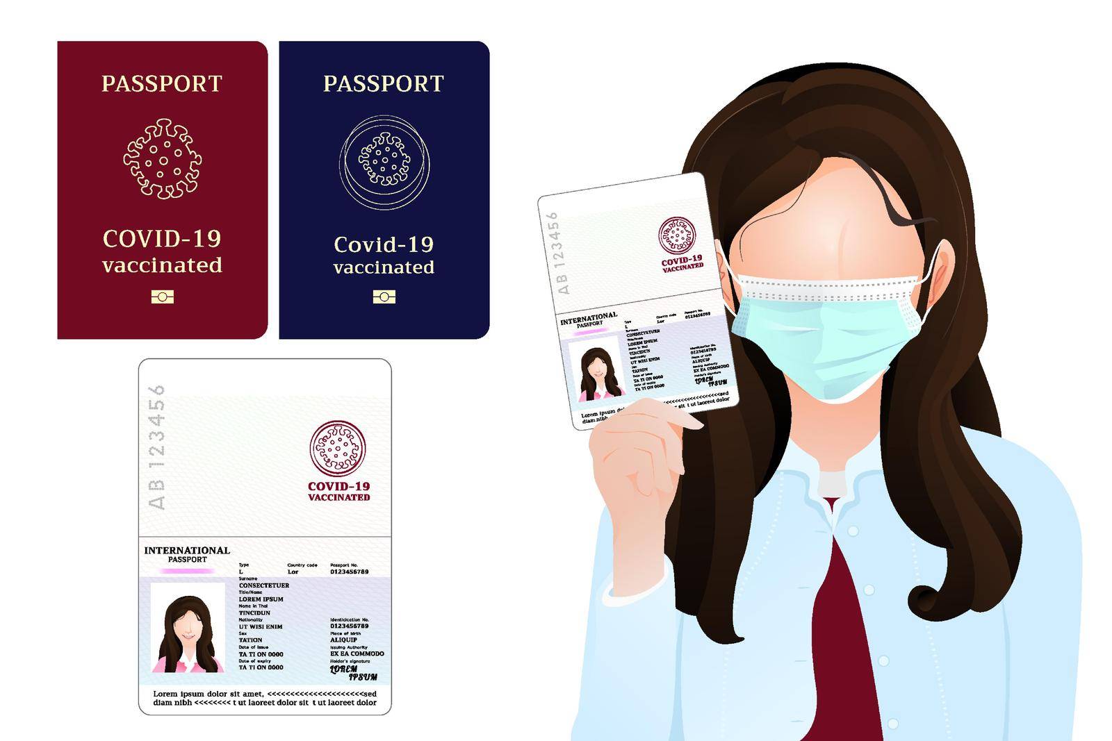 Passport for whom have covid-19 vaccine injection, coronavirus vaccinated passport for travelers or businessmans identifield themselves,the girl shown passpor tvector illustration on white background. by Boingzstudio