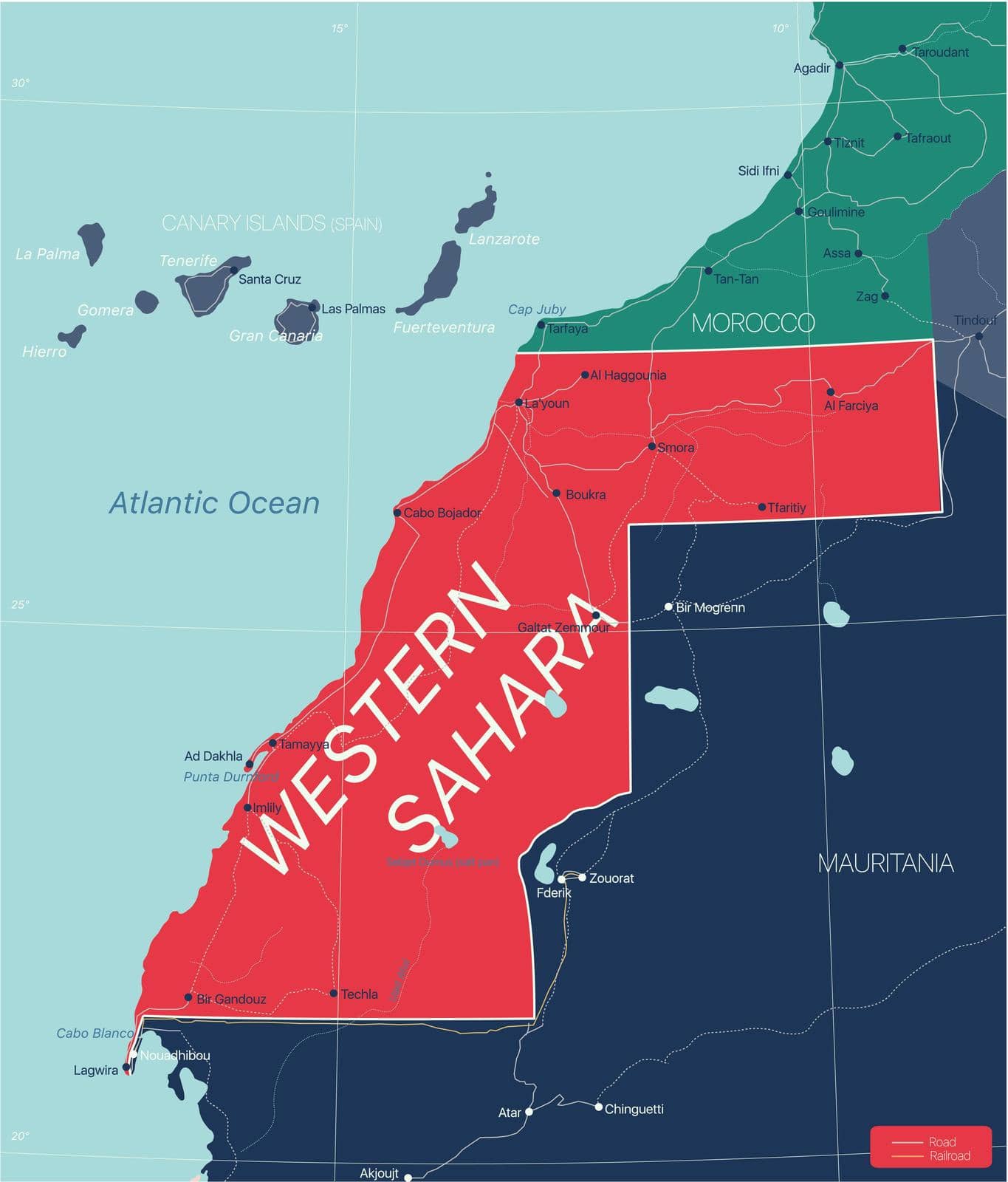 Western Sahara detailed editable map with regions cities and towns, roads and railways, geographic sites. Vector EPS-10 file