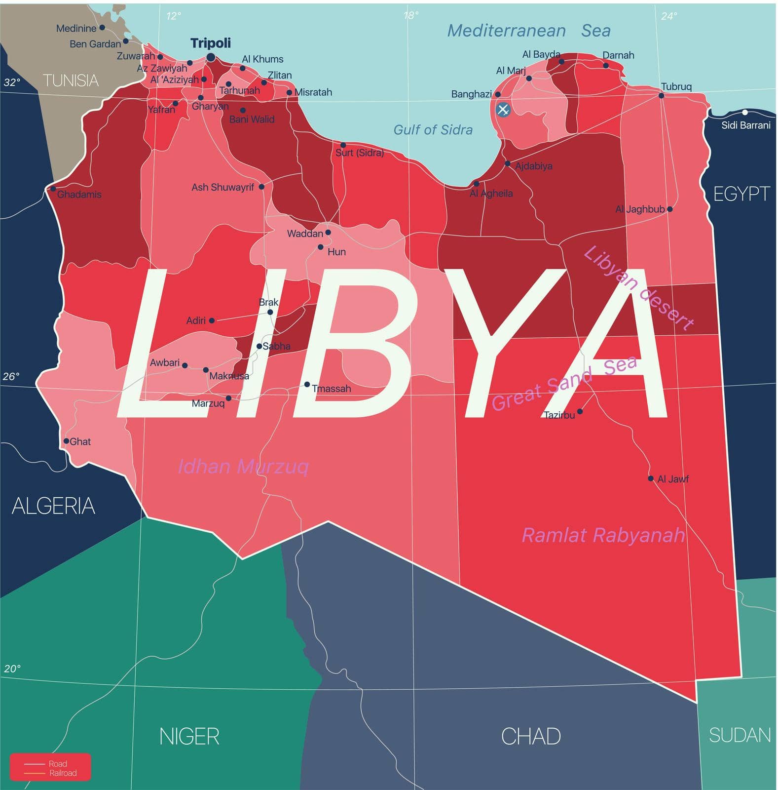 Libya country detailed editable map with regions cities and towns, roads and railways, geographic sites. Vector EPS-10 file