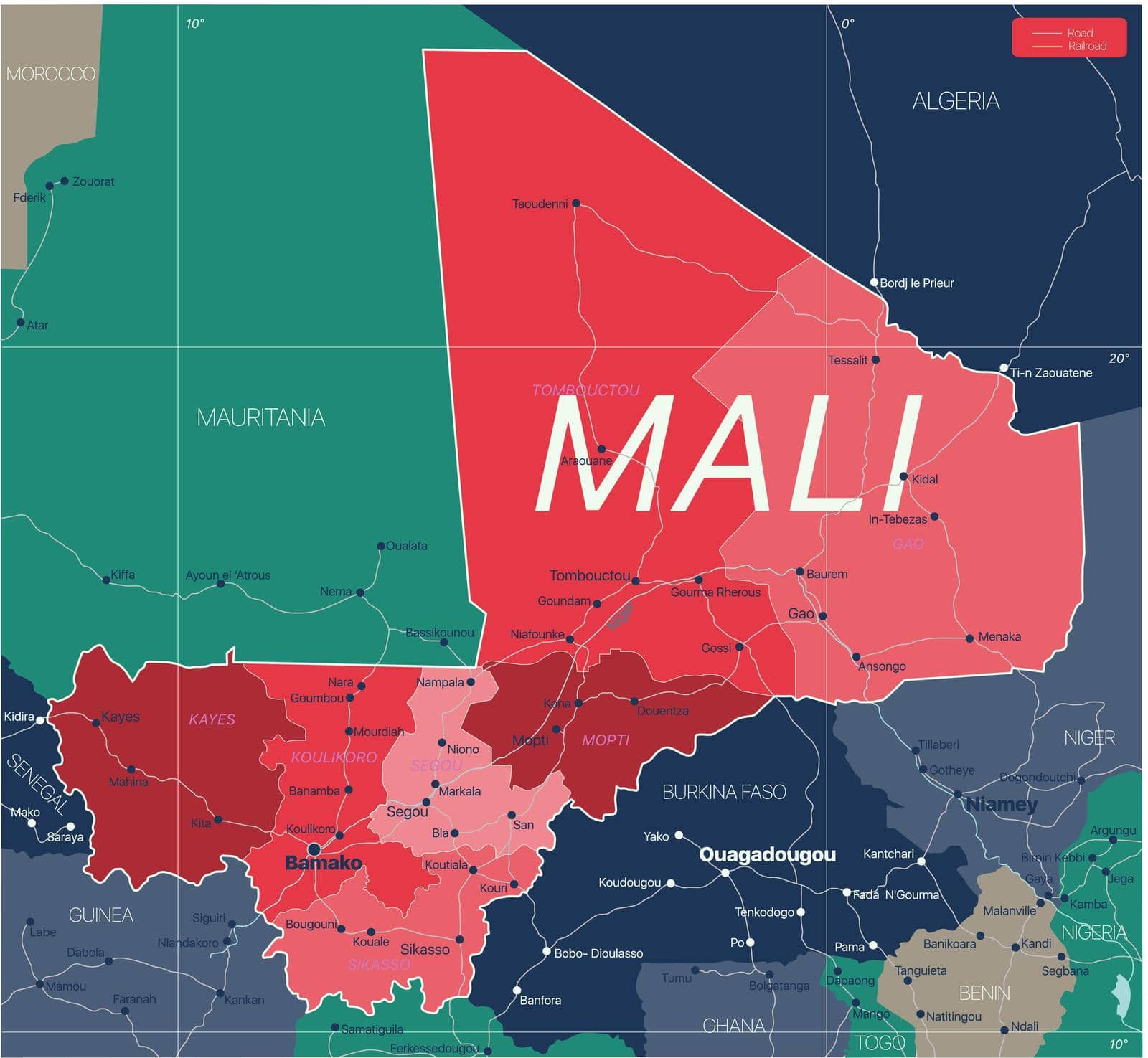 Mali country detailed editable map by rusak