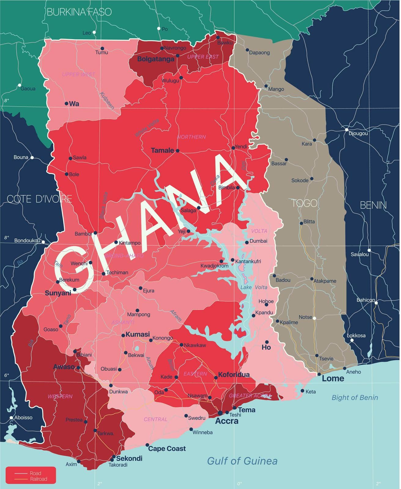 Ghana country detailed editable map with regions cities and towns, roads and railways, geographic sites. Vector EPS-10 file