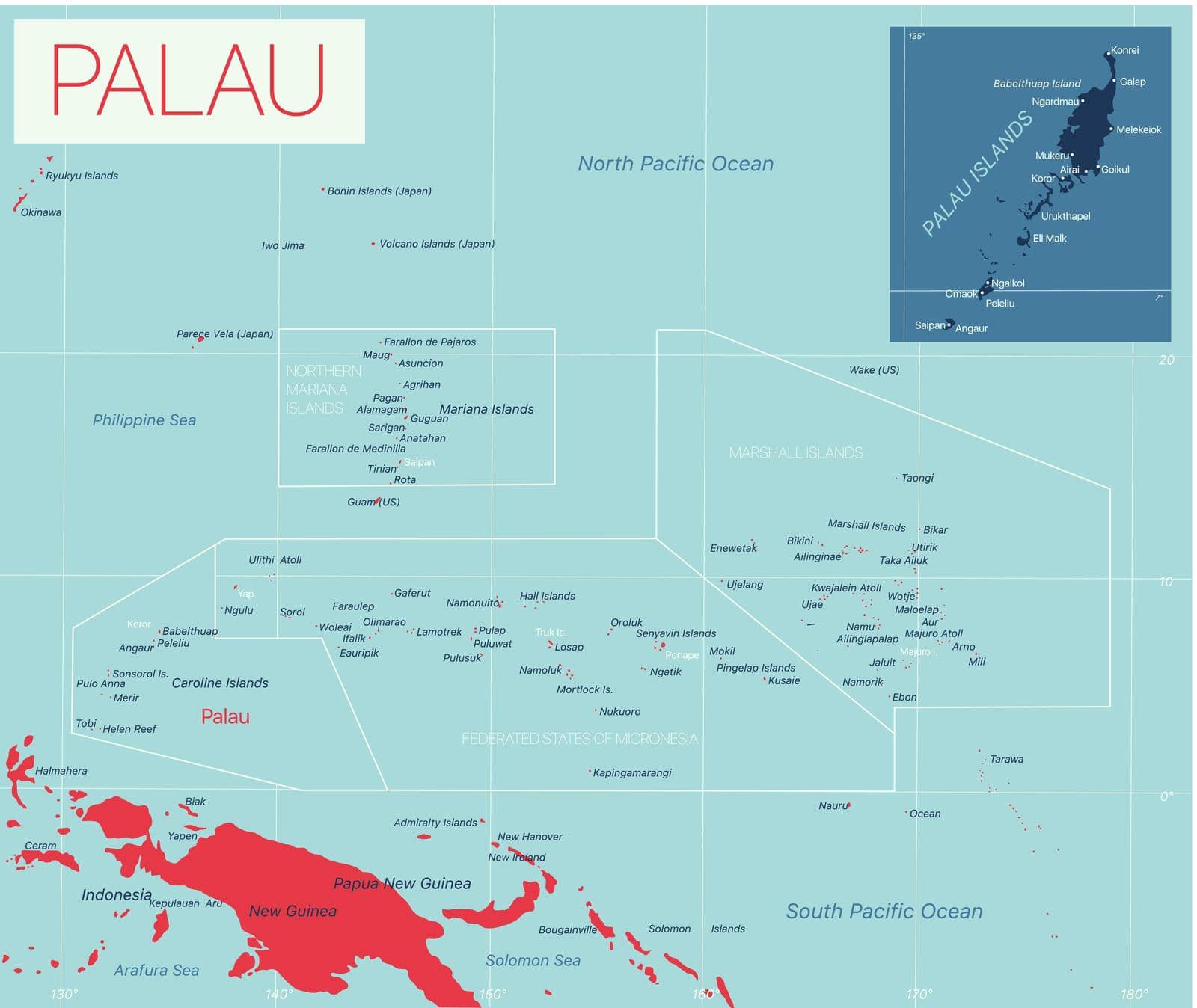 Palau detailed editable map with cities and towns, geographic sites. Vector EPS-10 file